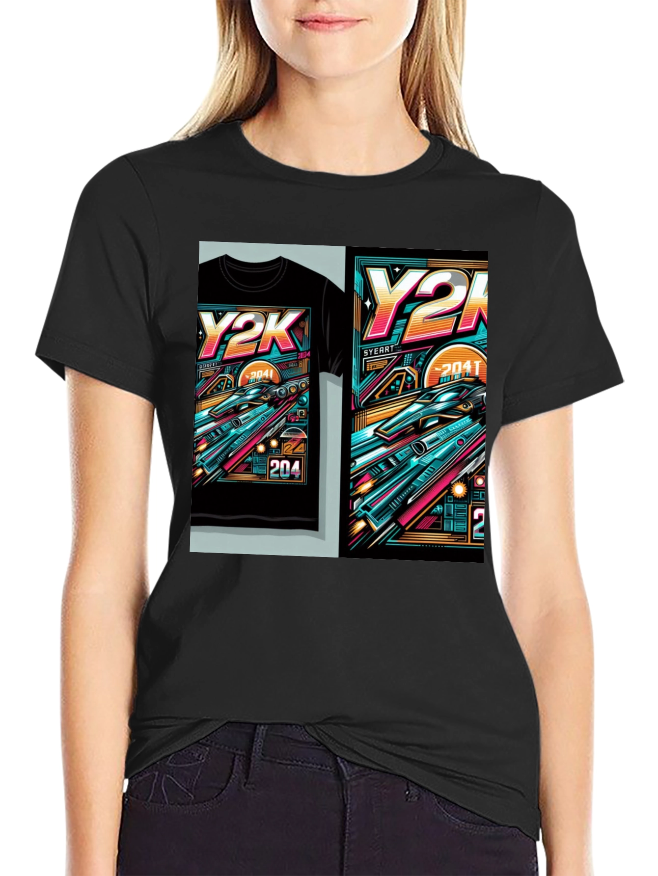 Black Y2K Graphic Tee - Retro Futuristic Design view 2