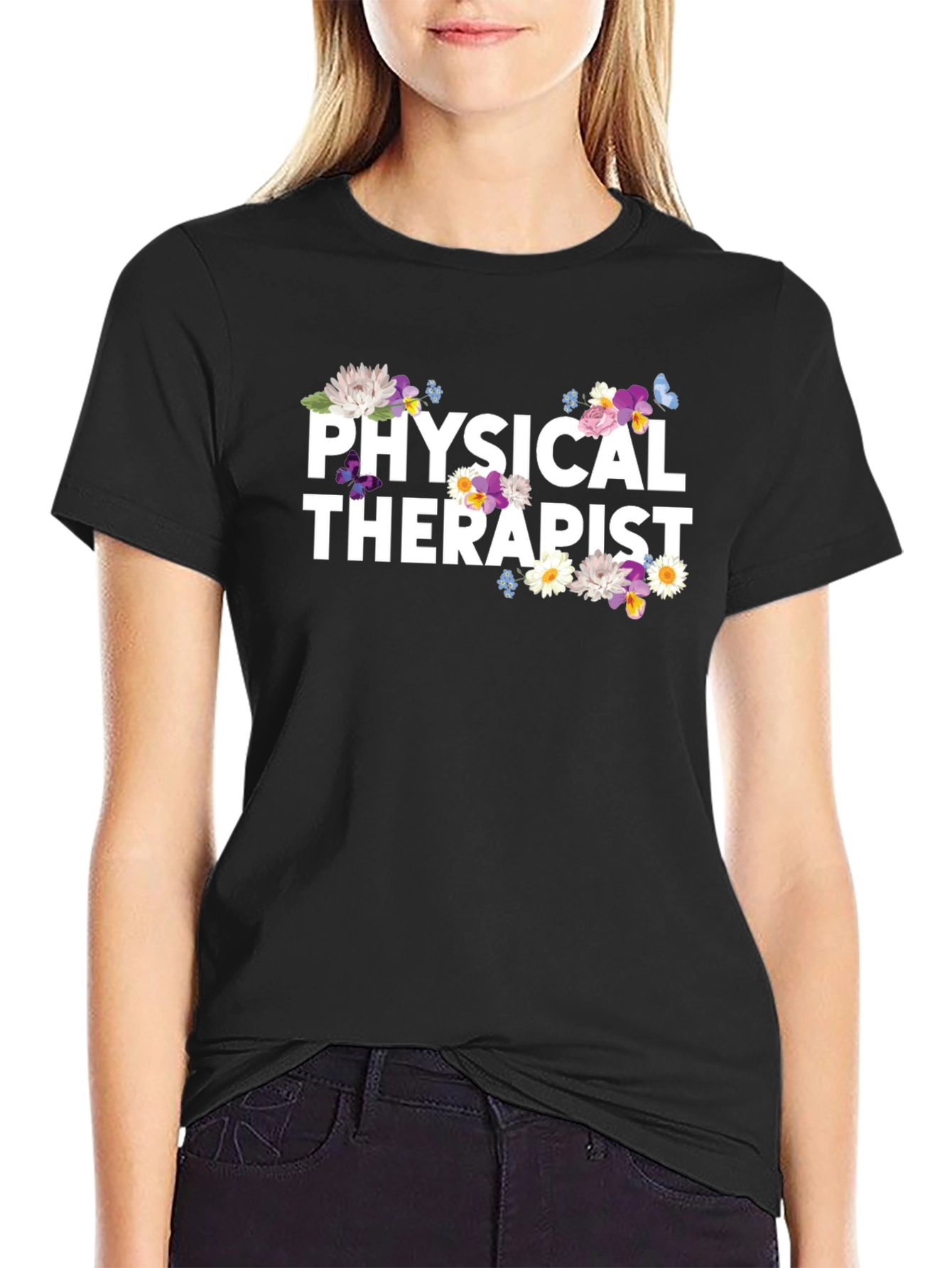 Black Floral Physical Therapist T-Shirt view 2