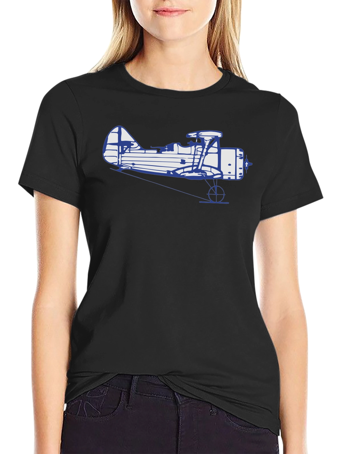 Black Vintage Biplane Graphic T-Shirt - Classic Style view 2