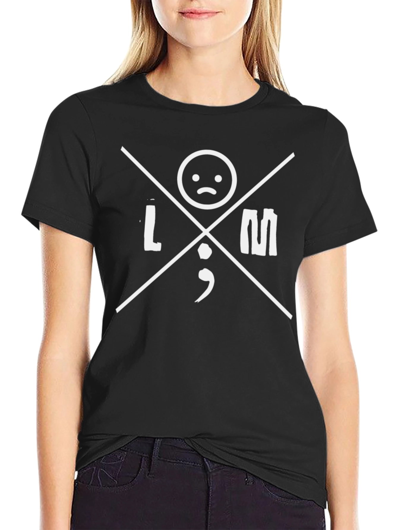 Black Sad Face Semicolon T-Shirt - Black Crew Neck Graphic Tee view 2
