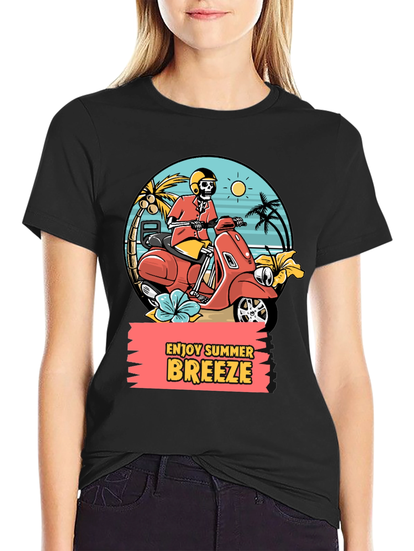 Black Summer Breeze Skeleton Scooter Graphic Tee view 2