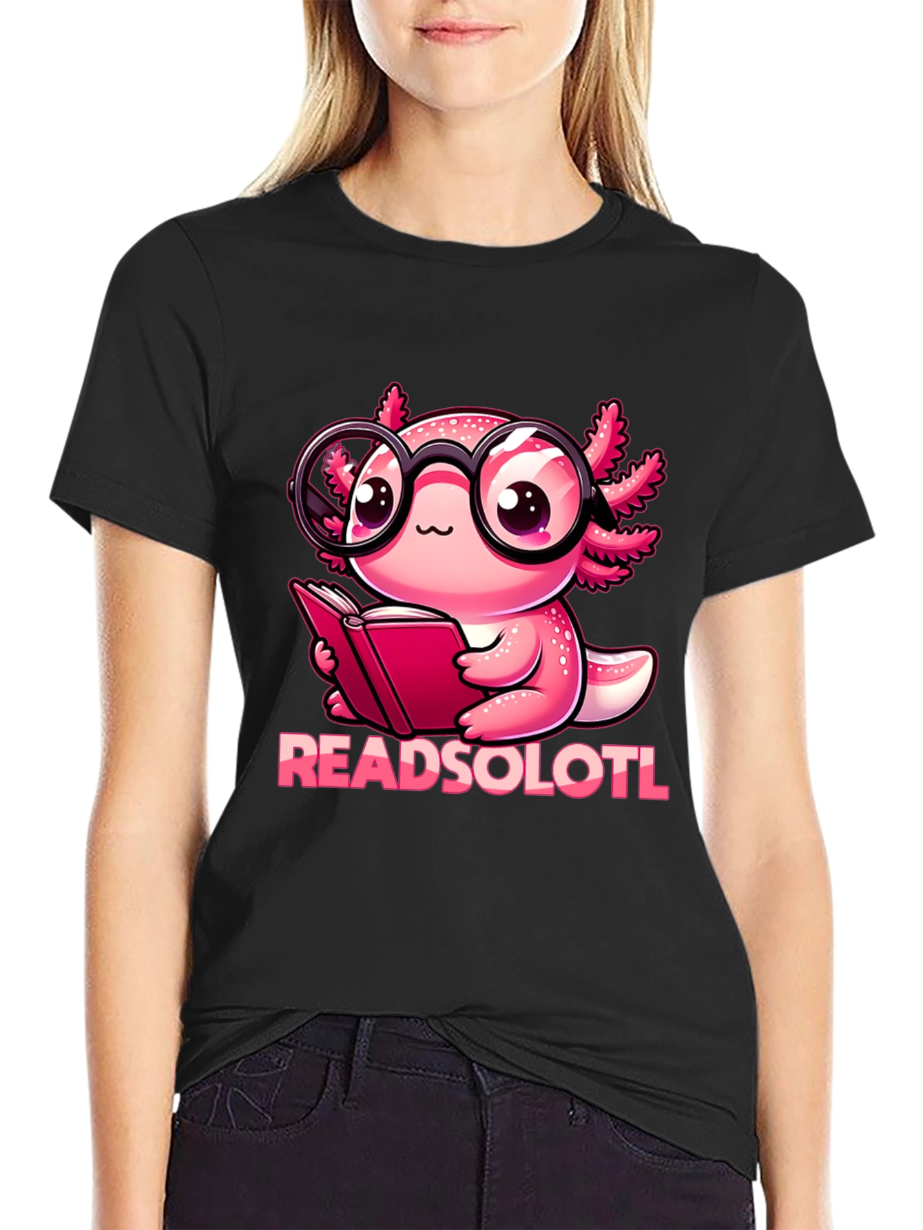 Black Readsolotl T-Shirt - Bookworm Axolotl view 2