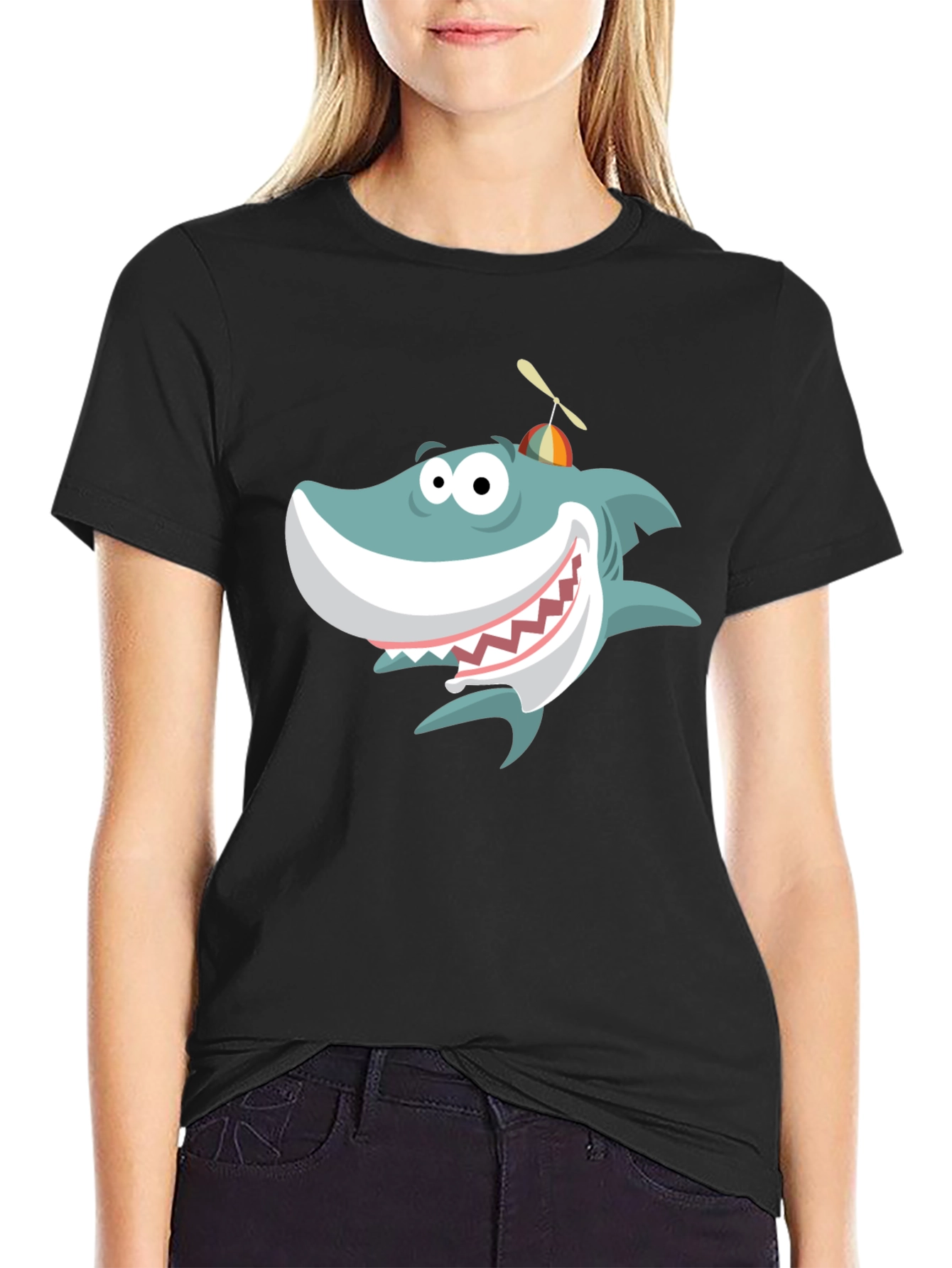 Black Cartoon Shark Graphic Tee - Fun & Unique Design view 2