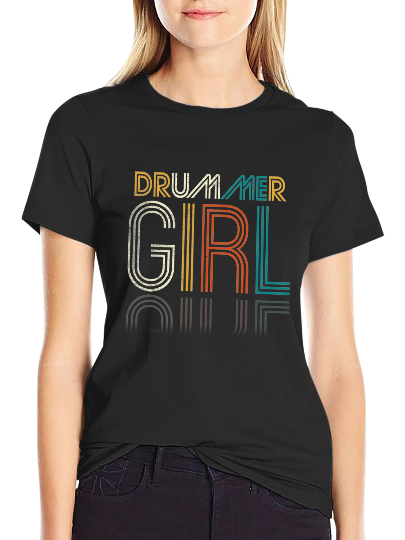 Black Drummer Girl Retro T-Shirt view 2