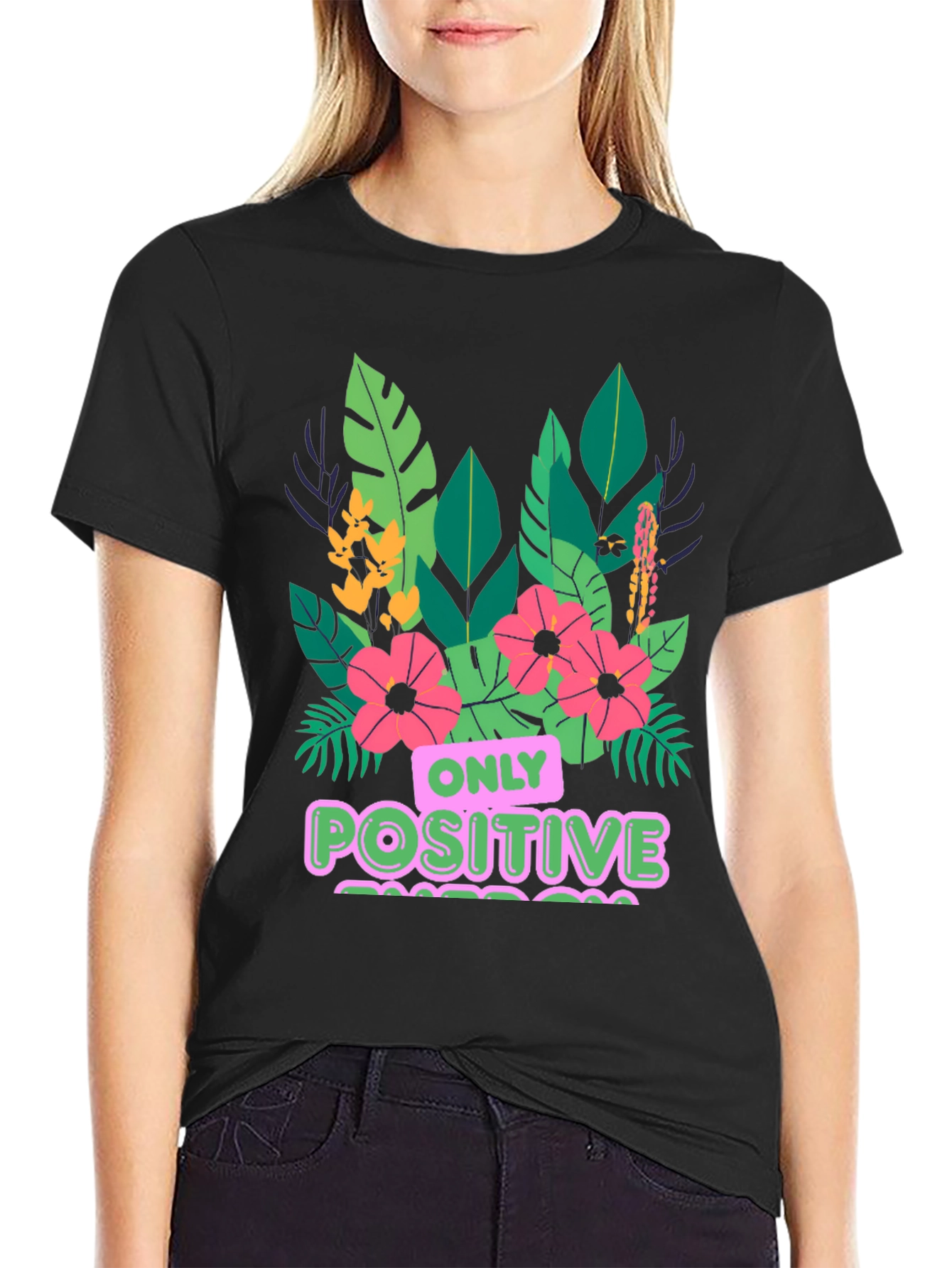 Black Positive Vibes T-Shirt - Floral Graphic Tee view 2