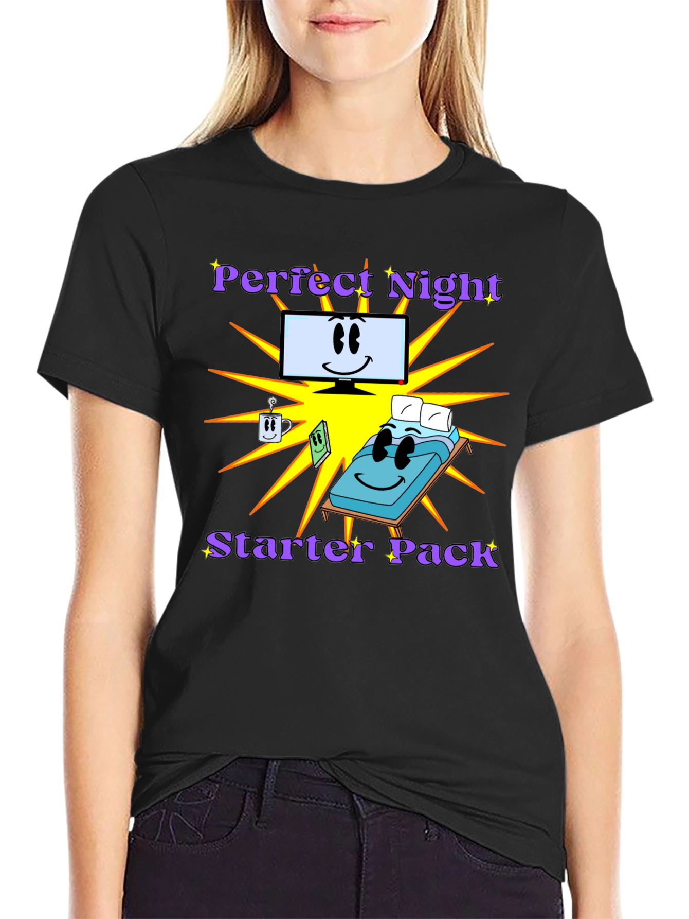 Black Perfect Night Starter Pack T-Shirt - Comfy Cartoon Tee view 2