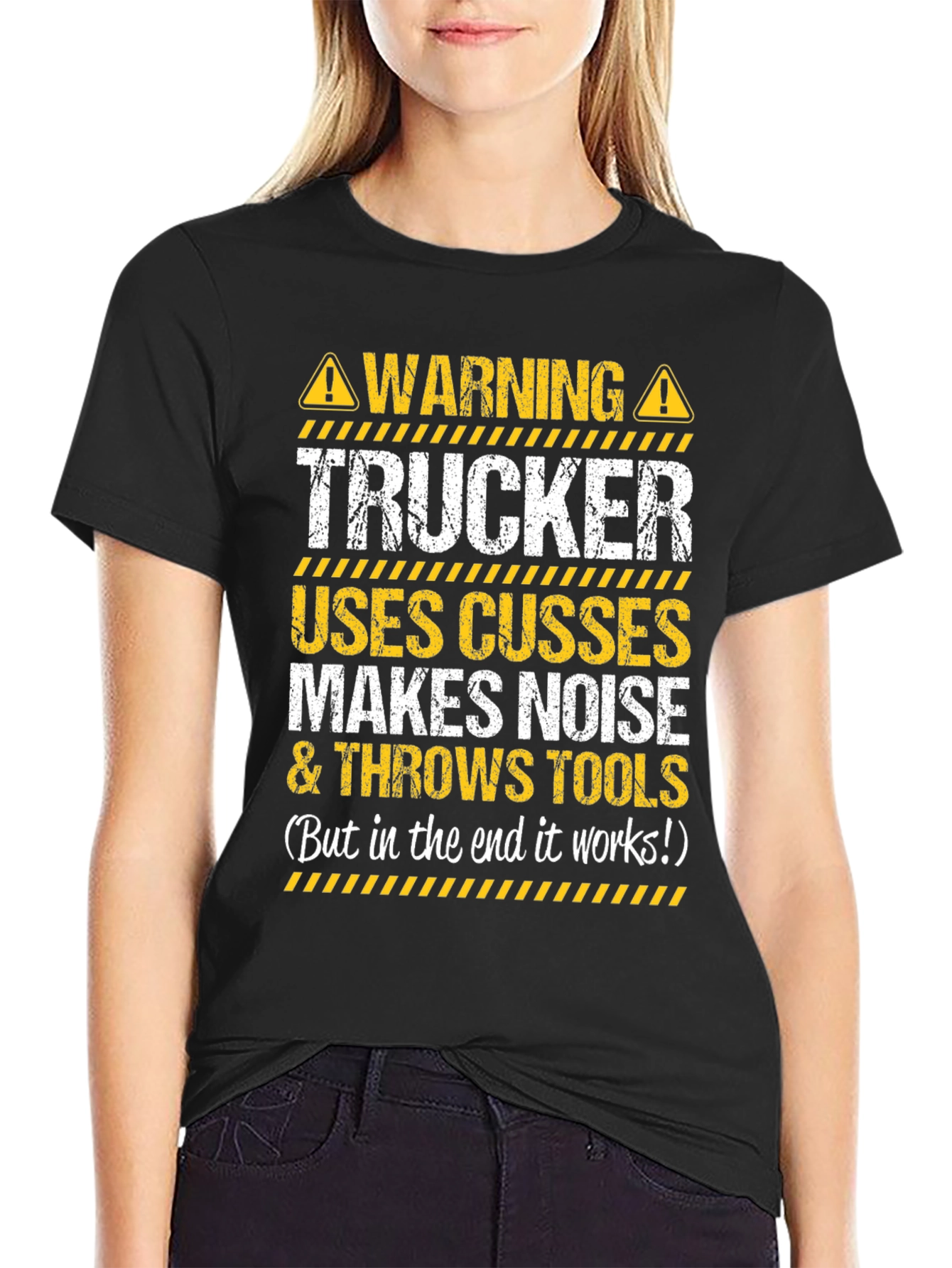 Black Warning Trucker T-Shirt - Funny Novelty Tee view 2