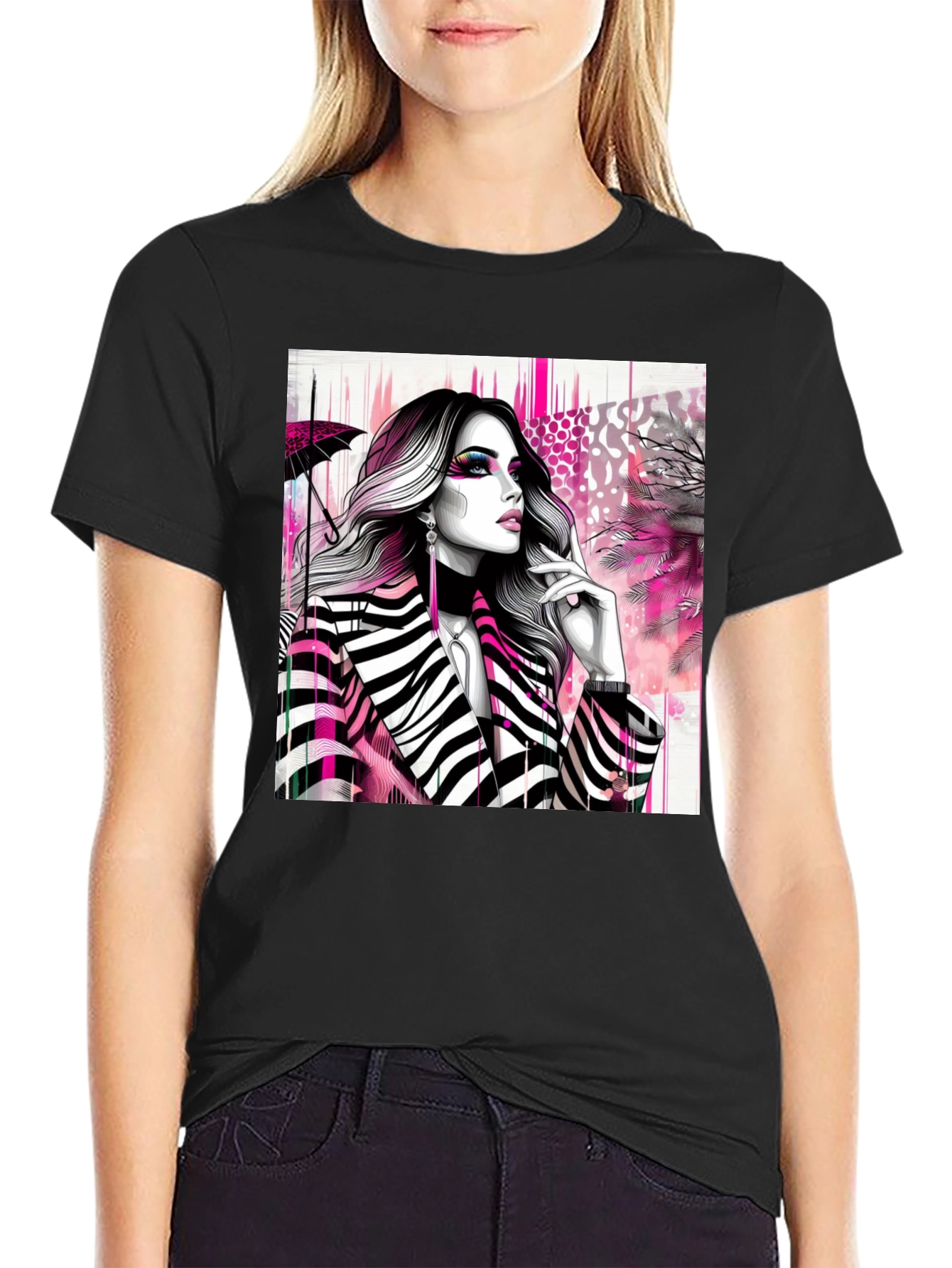 Black Stylish Woman Zebra Print Tee - Modern Streetwear view 2