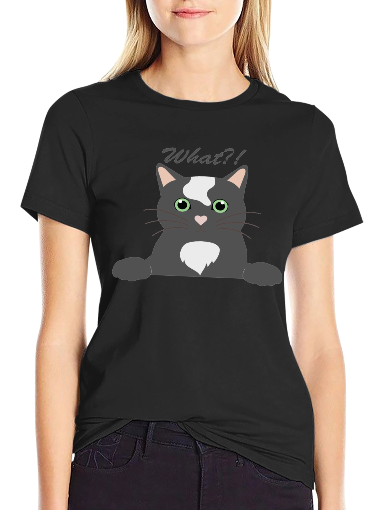 Black Funny "What?!" Cat Graphic T-Shirt view 2