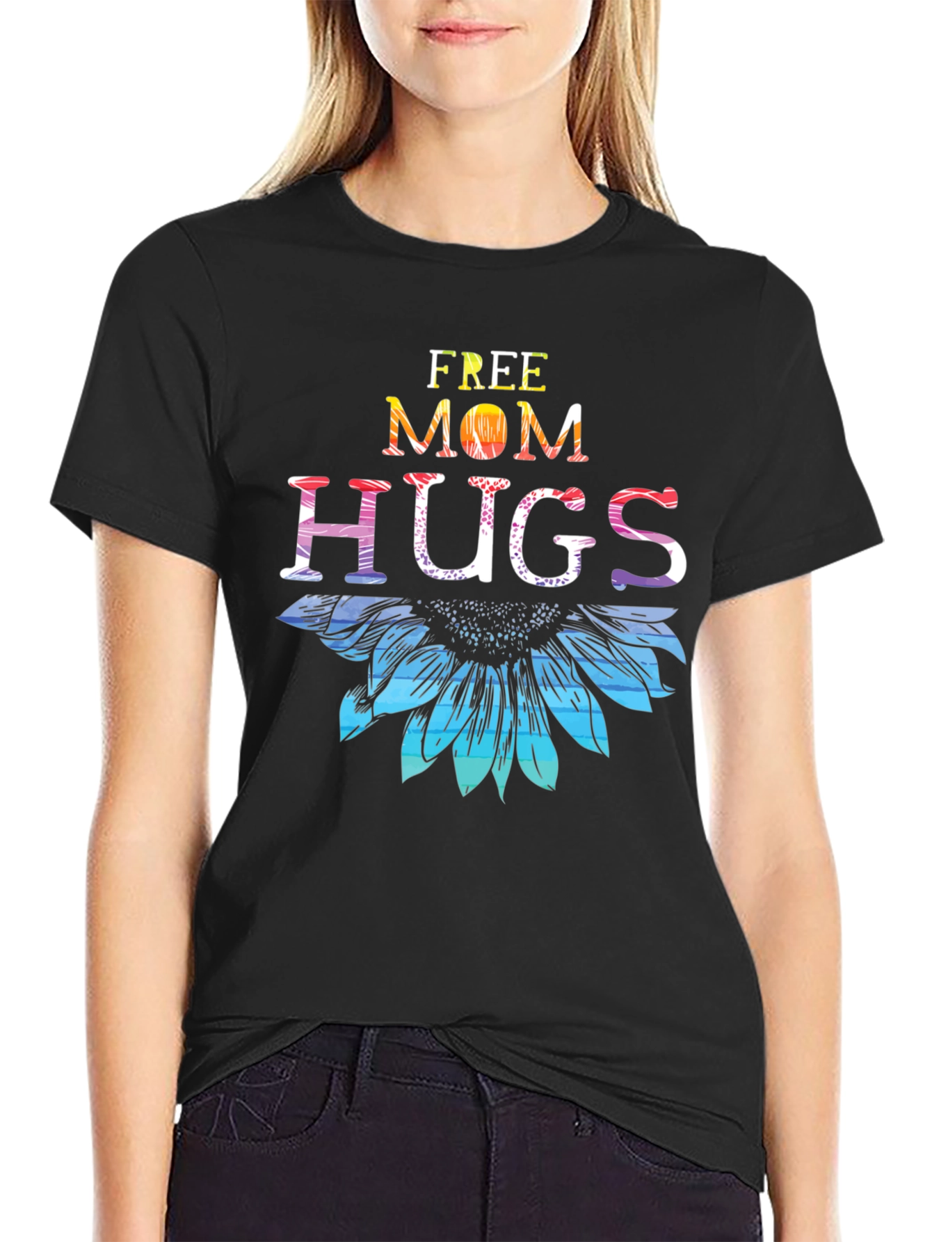 Black Free Mom Hugs Sunflower T-Shirt view 2