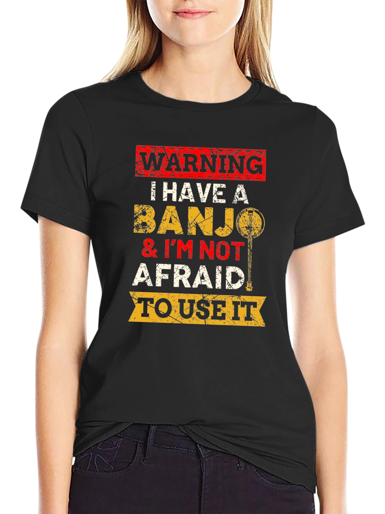 Black Warning Banjo T-Shirt Funny Musician Tee view 2