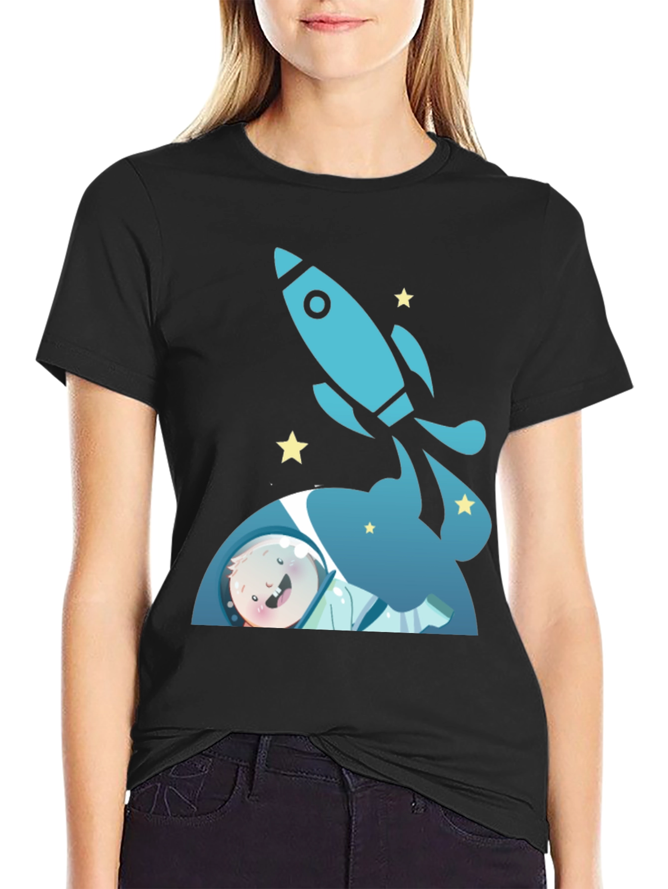 Black Astronaut & Rocket Black T-Shirt - Space Adventure! view 2