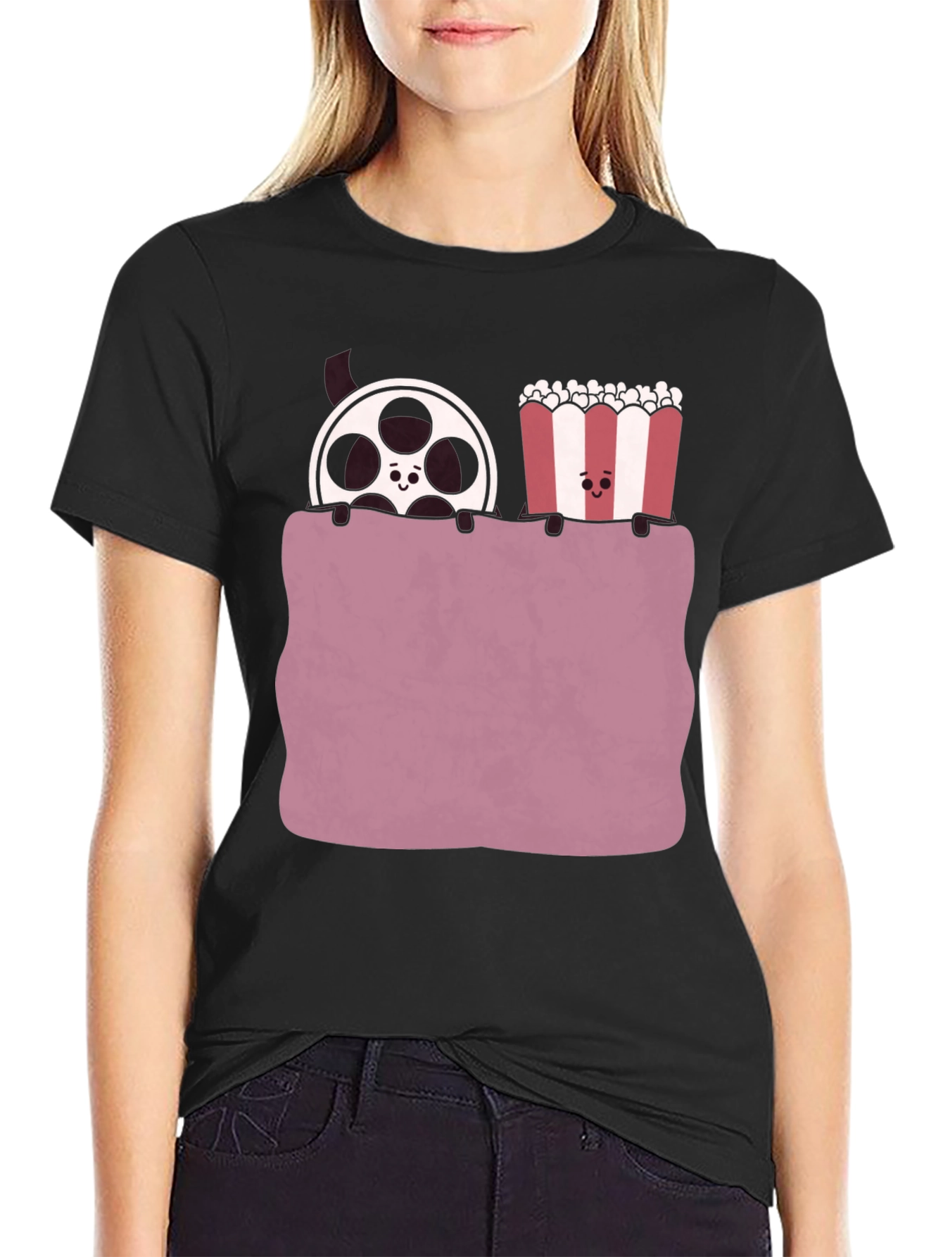 Black Movie Night T-Shirt - Reel & Popcorn Design view 2