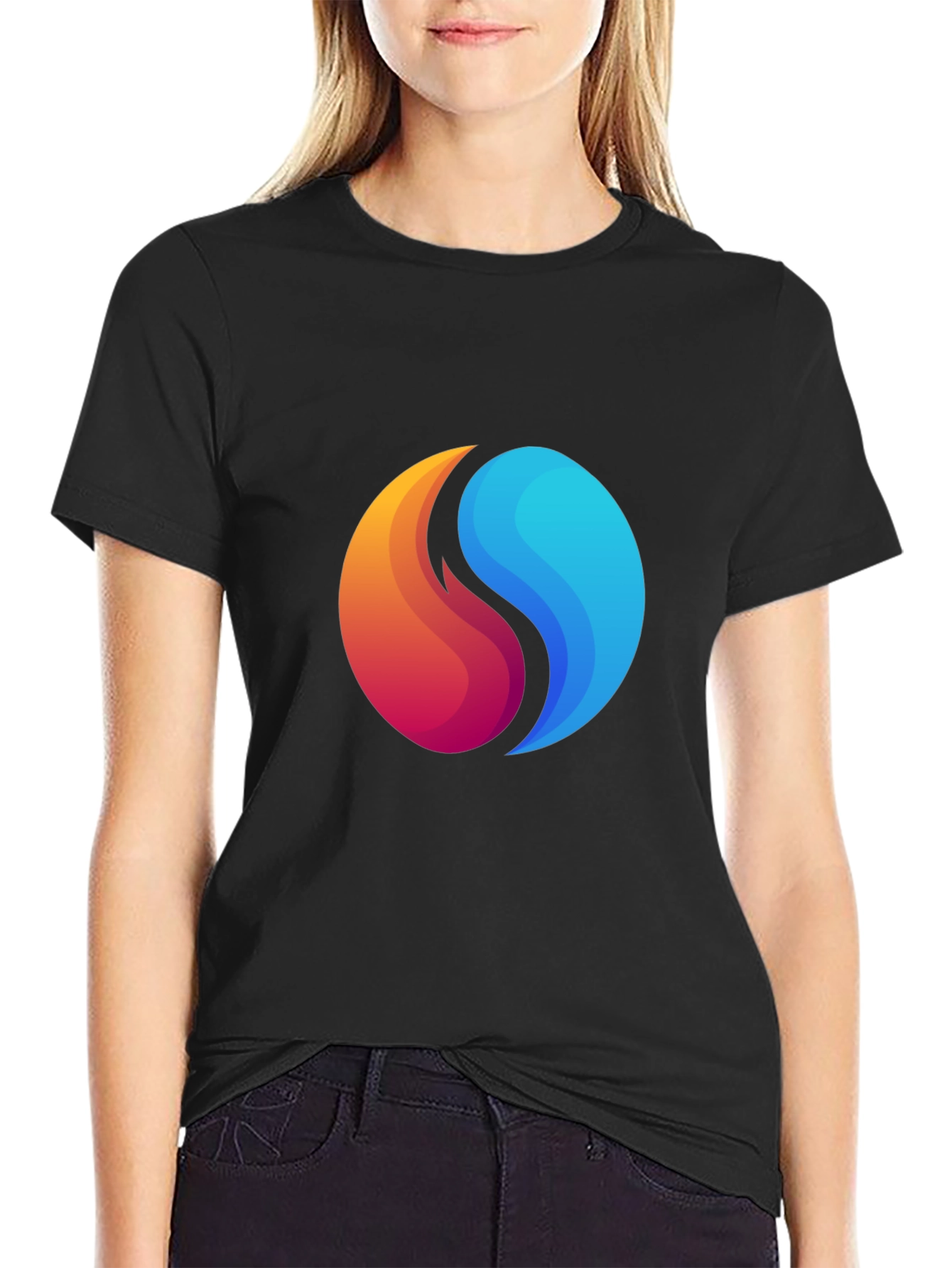 Black Yin Yang Fire and Water Graphic Black T-Shirt view 2