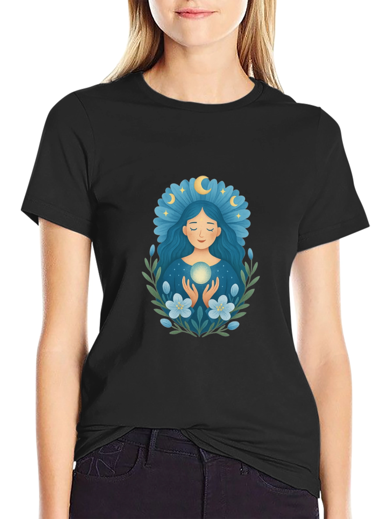 Black Mystic Moon Goddess T-Shirt - Black Cotton Tee view 2