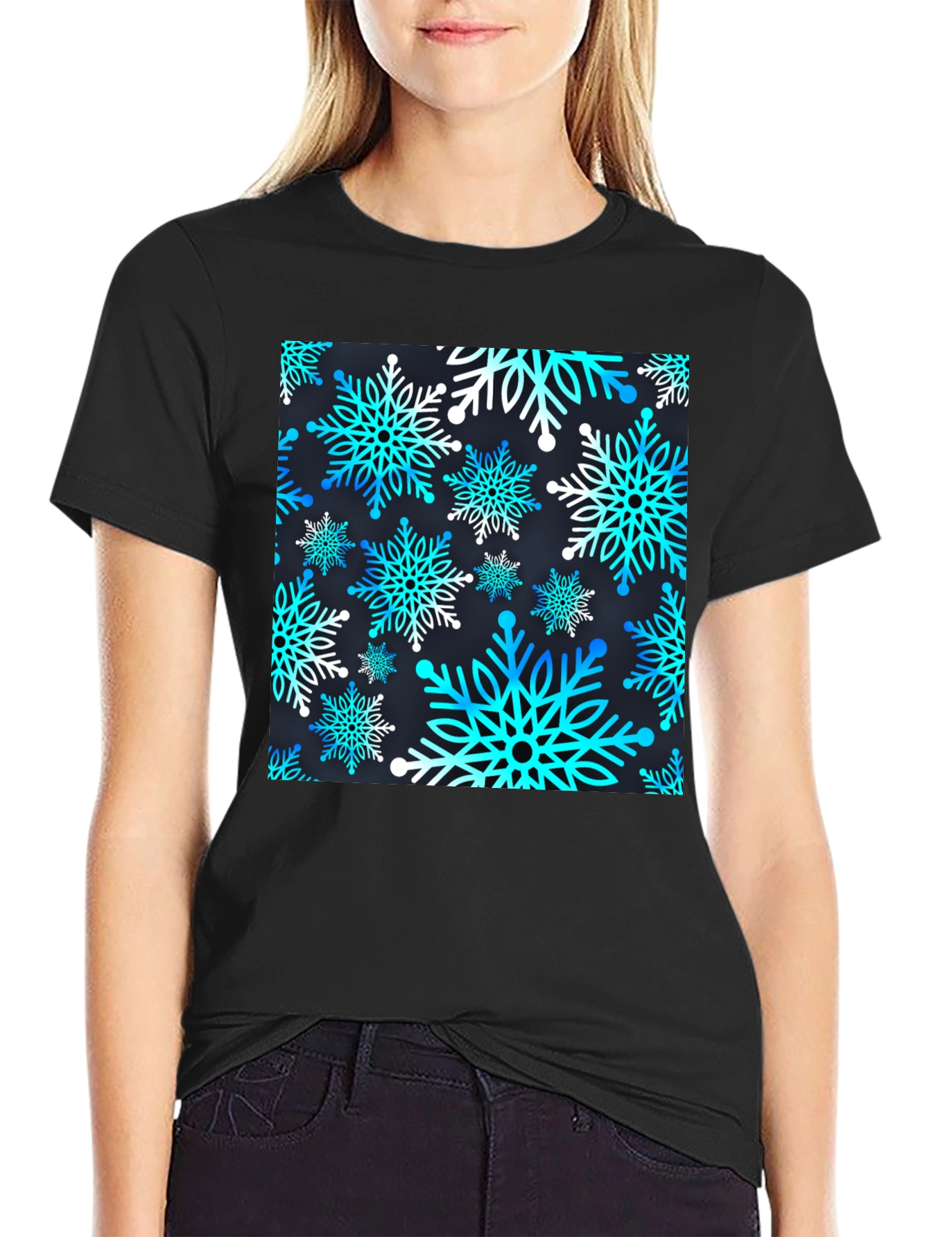 Black Snowflake Pattern T-Shirt view 2