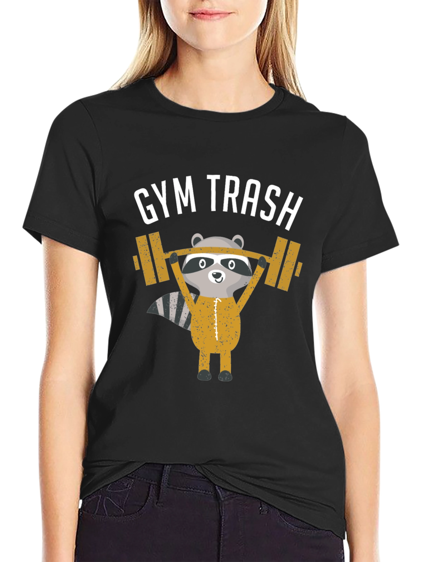 Black Gym Trash Raccoon Weightlifting T-Shirt view 2
