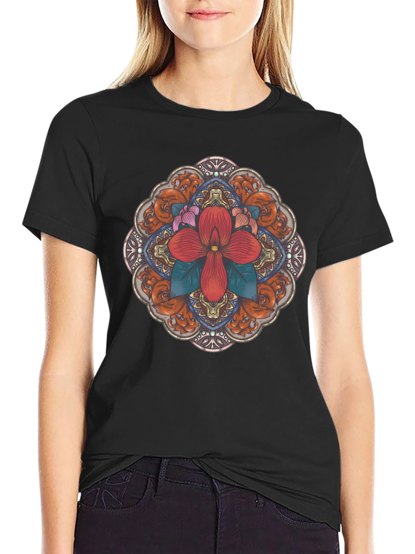 Black Floral Mandala Black T-Shirt view 2