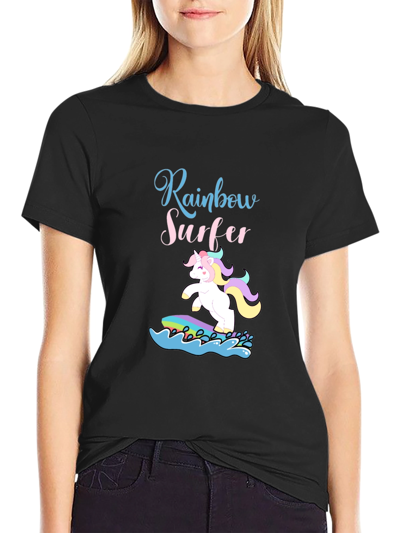 Black Rainbow Surfer Unicorn Graphic Tee - Black Cotton T-Shirt view 2