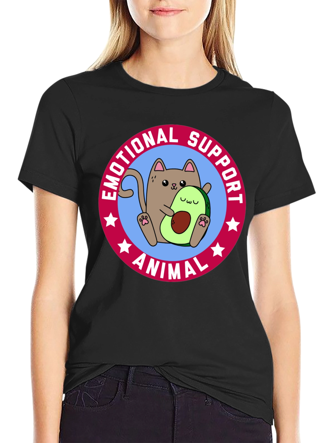 Black Emotional Support Animal T-Shirt - Cat & Avocado view 2