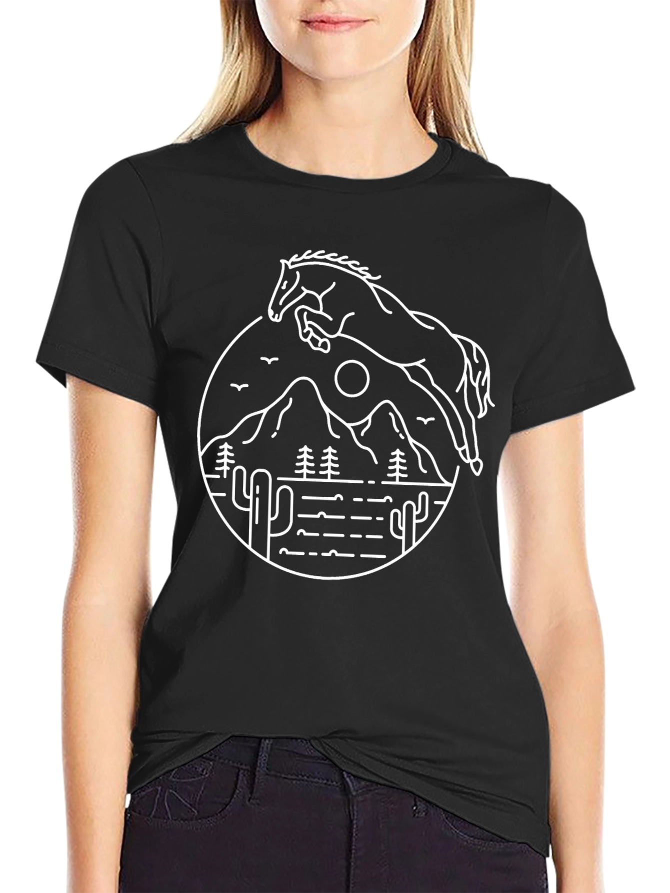 Black Minimalist Horse Graphic T-Shirt - Black Cotton Tee view 2