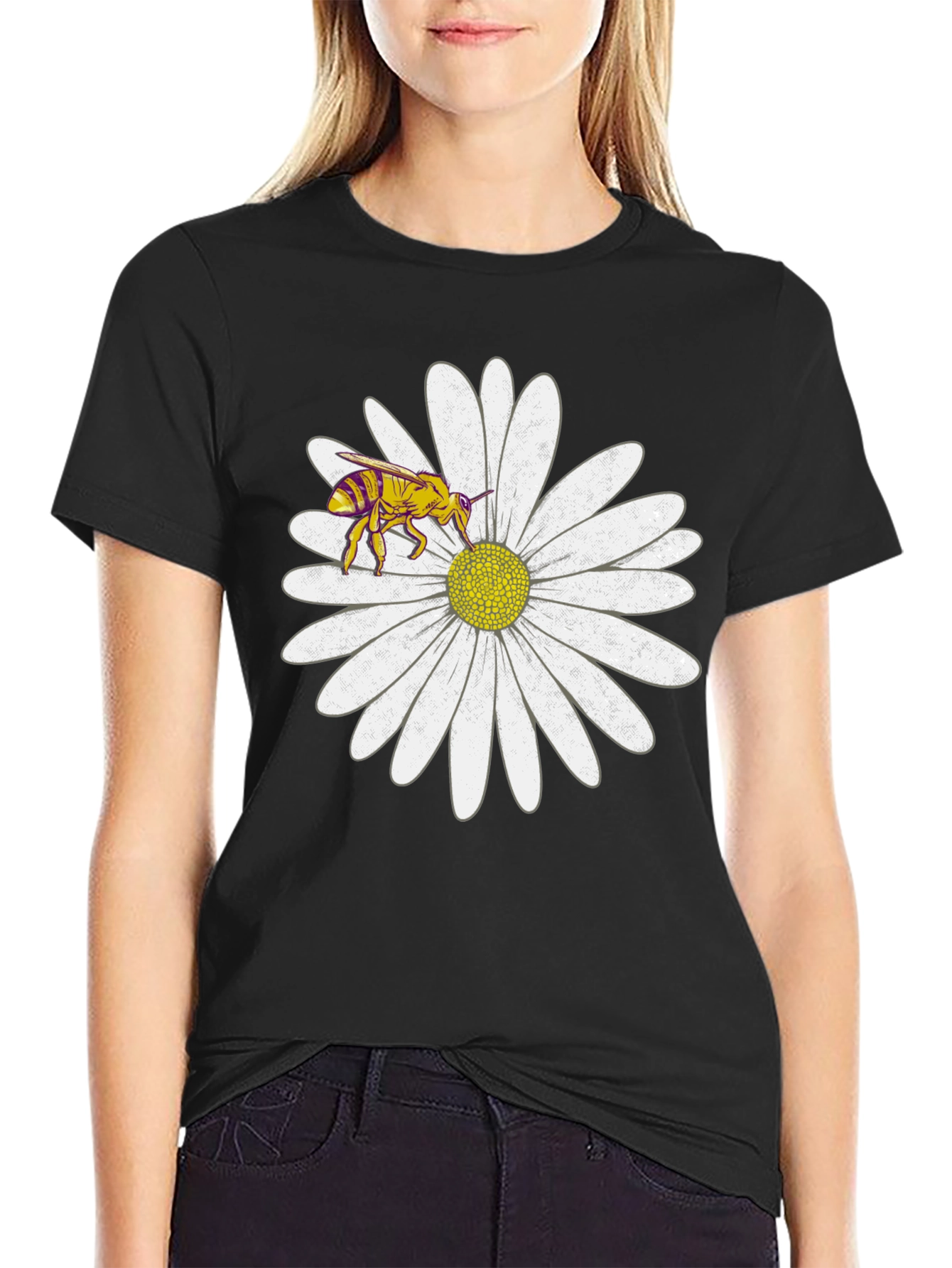 Black Bee on Daisy Graphic Tee - Black Cotton T-Shirt view 2