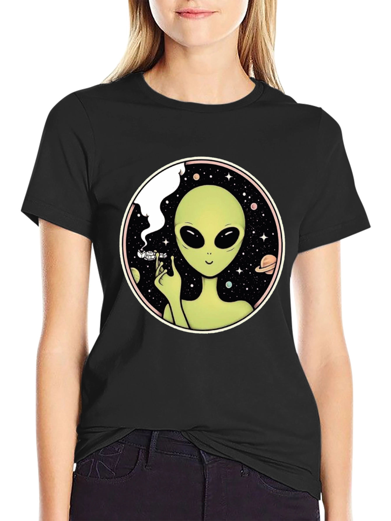 Black Alien Smoking Weed T-Shirt - Black view 2