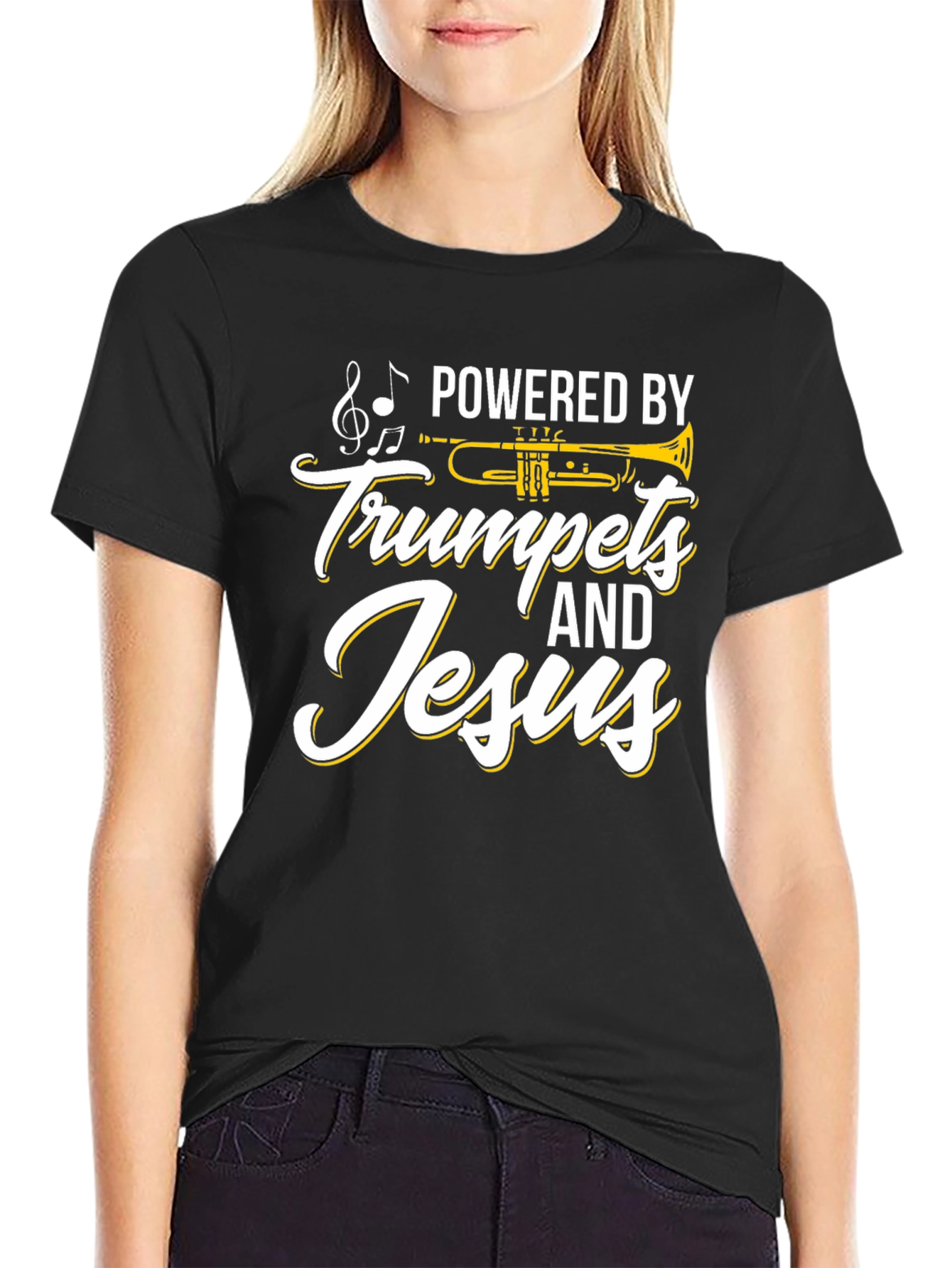 Black Powered by Trumpets & Jesus Black T-Shirt view 2