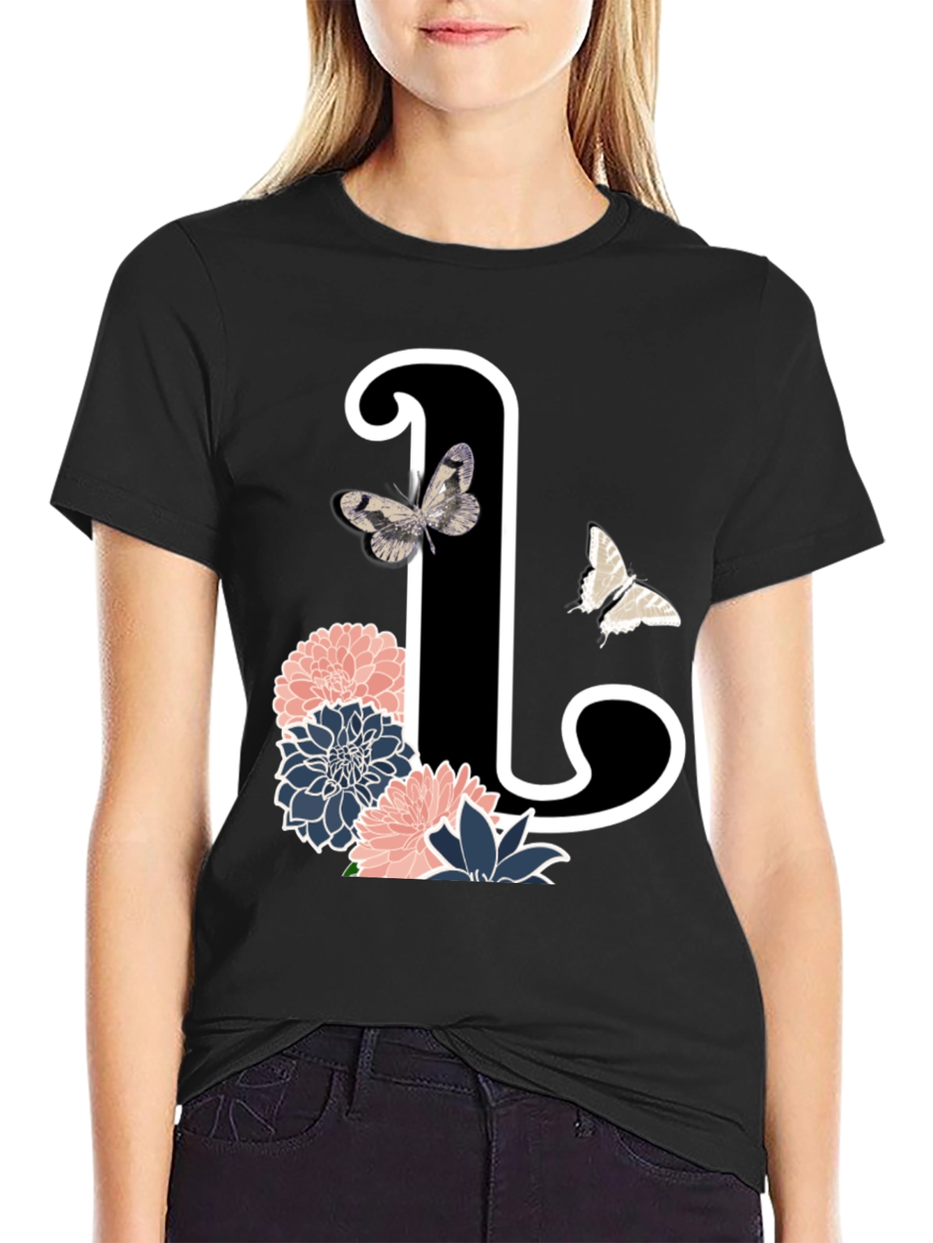 Black Floral Initial 'L' Black T-Shirt view 2