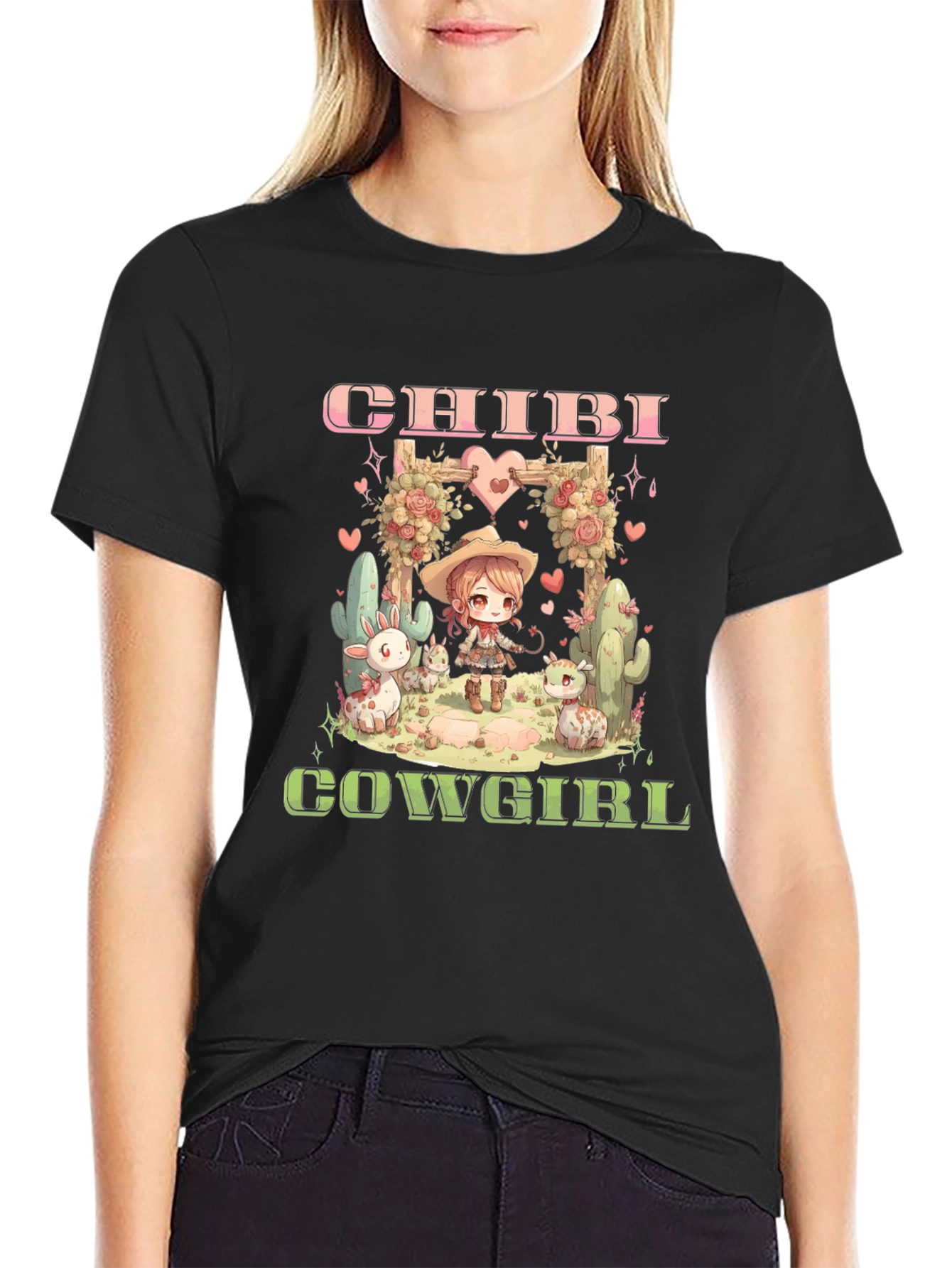 Black Chibi Cowgirl Graphic T-Shirt view 2