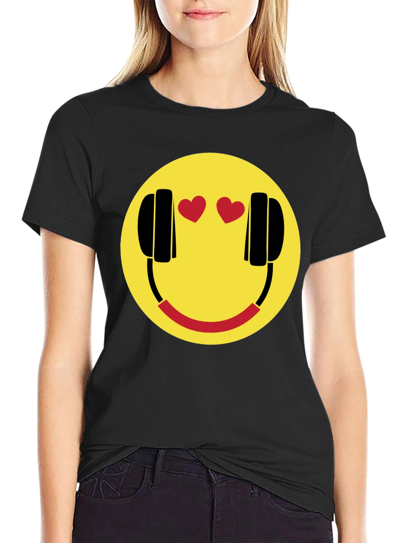 Black Smiley Face with Headphone Hearts T-Shirt view 2
