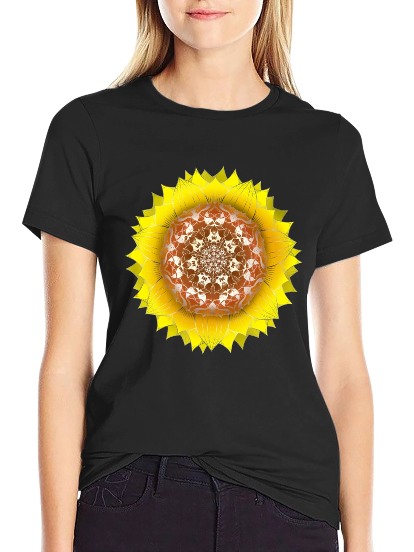 Black Sunflower Mandala Black T-Shirt view 2