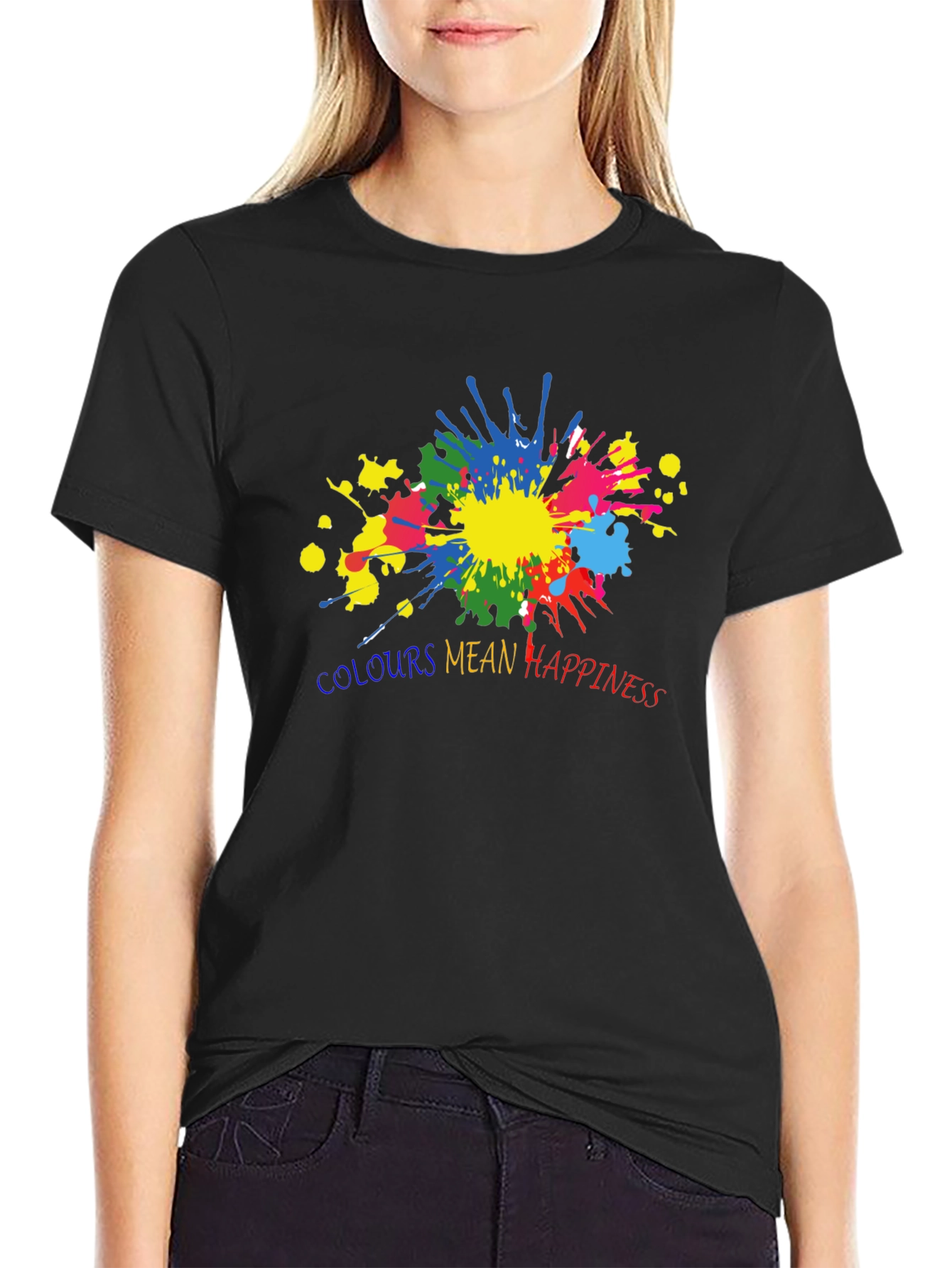 Black Colorful Happiness Graphic Black T-Shirt view 2