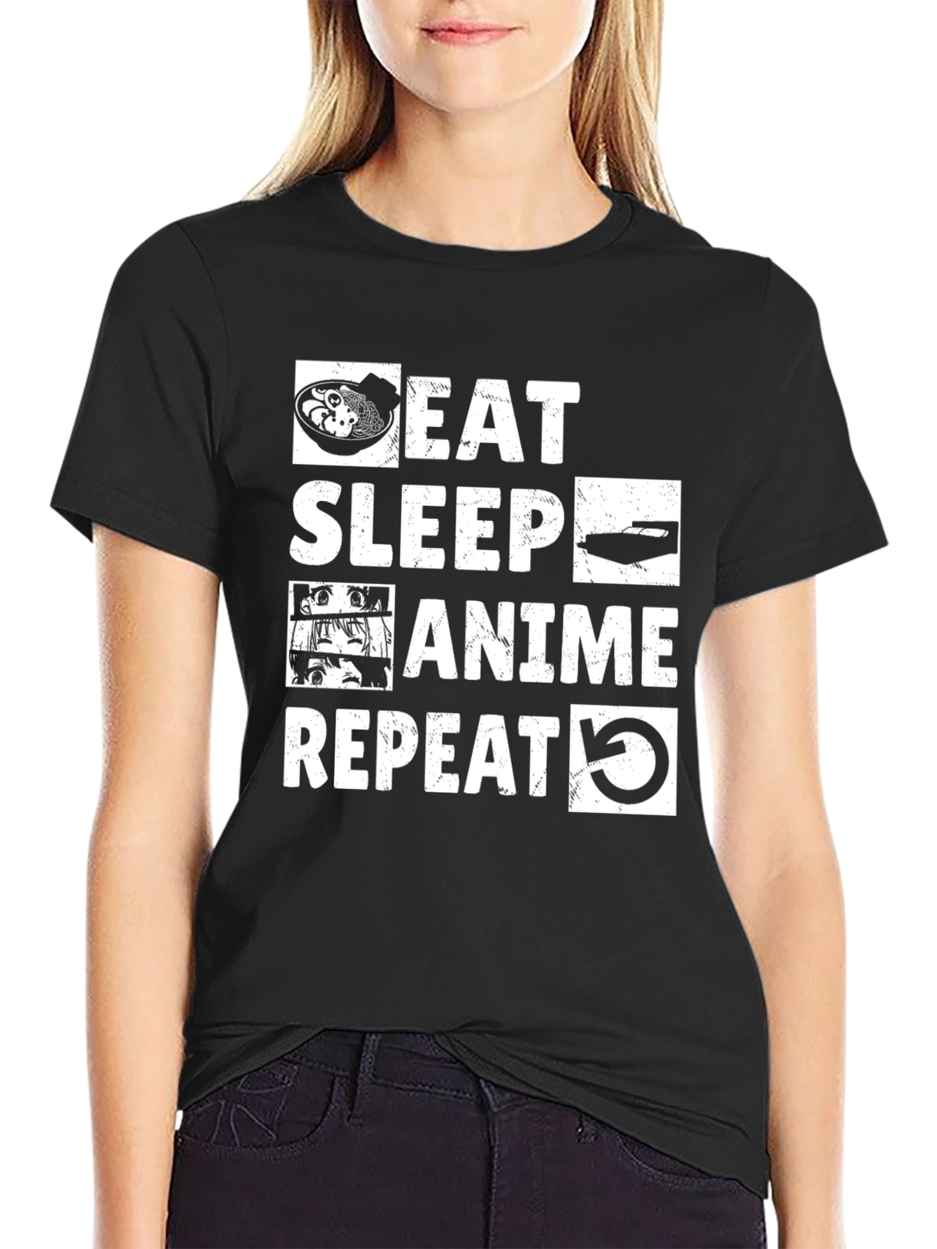 Black Eat Sleep Anime Repeat Graphic T-Shirt view 2
