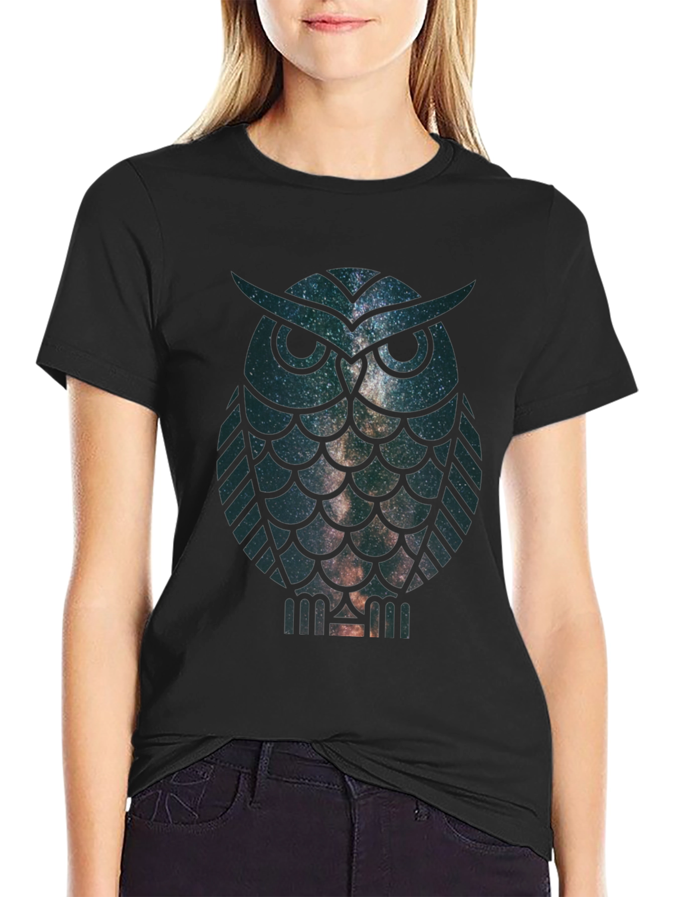 Black Galaxy Owl Graphic Print Crew Neck T-Shirt view 2