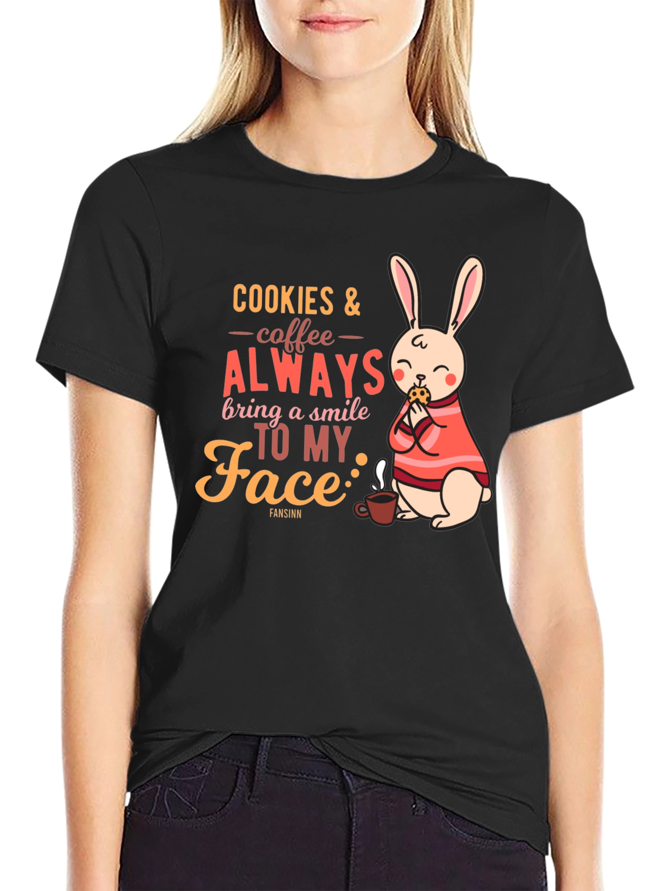 Black Cookies & Coffee T-Shirt - Bunny and Quote Design view 2