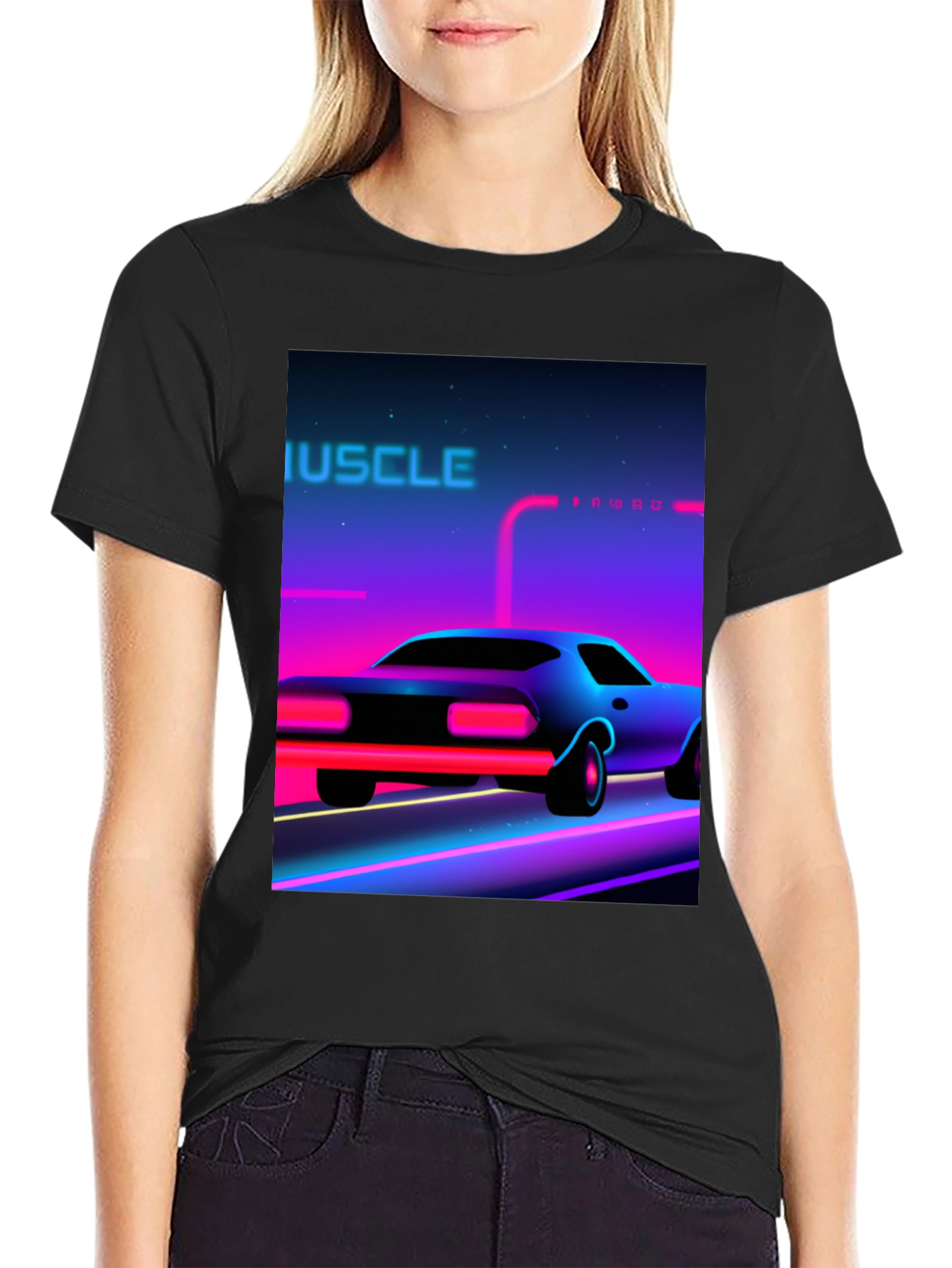Black Retro Muscle Car Graphic Tee - Black Cotton T-Shirt view 2