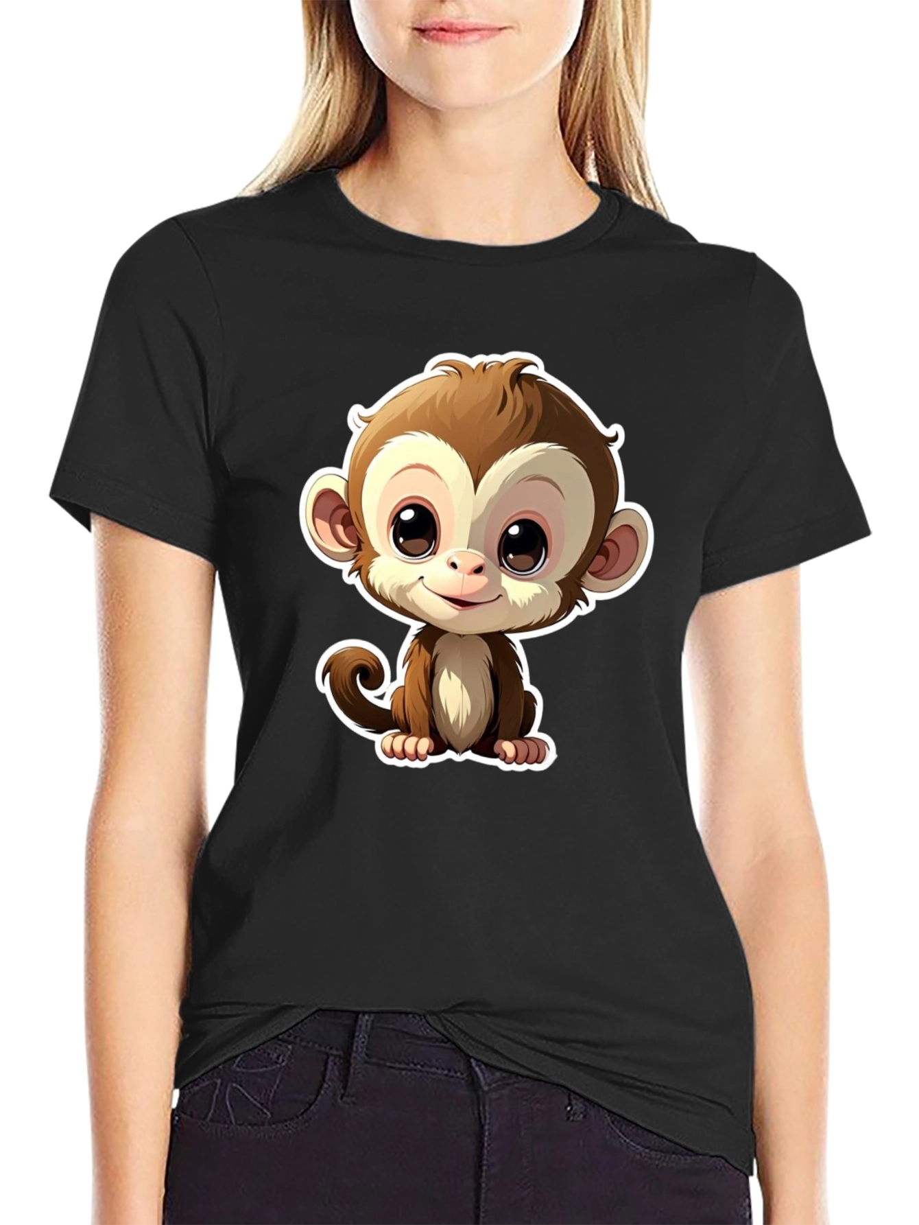 Black Cute Monkey Graphic Tee - Black Casual T-Shirt view 2