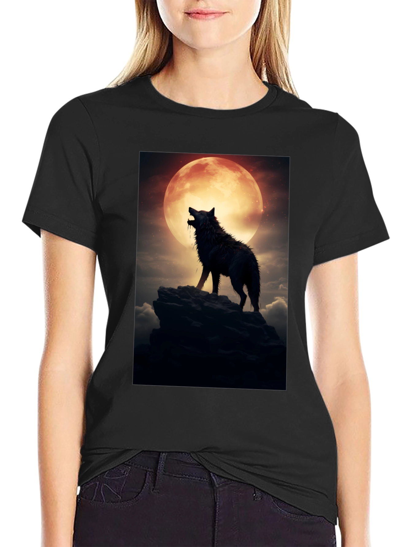 Black Wolf Howling at Moon Graphic Tee view 2