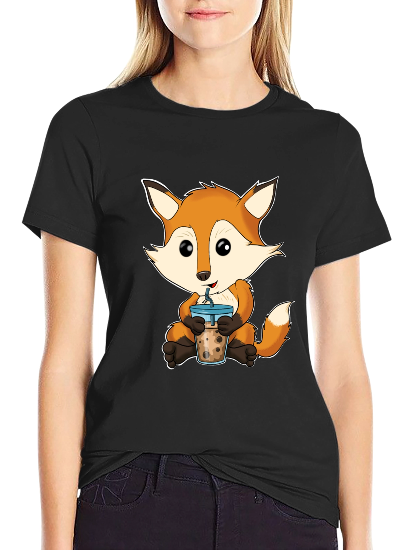 Black Cute Fox Boba Tea Graphic T-Shirt view 2