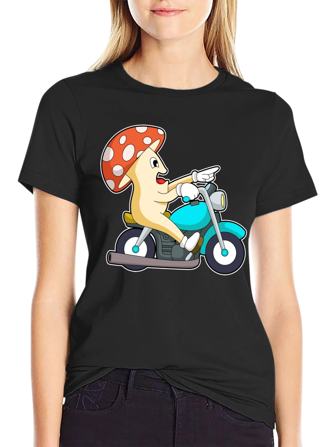 Black Mushroom Rider Graphic Tee - Black Cotton T-Shirt view 2