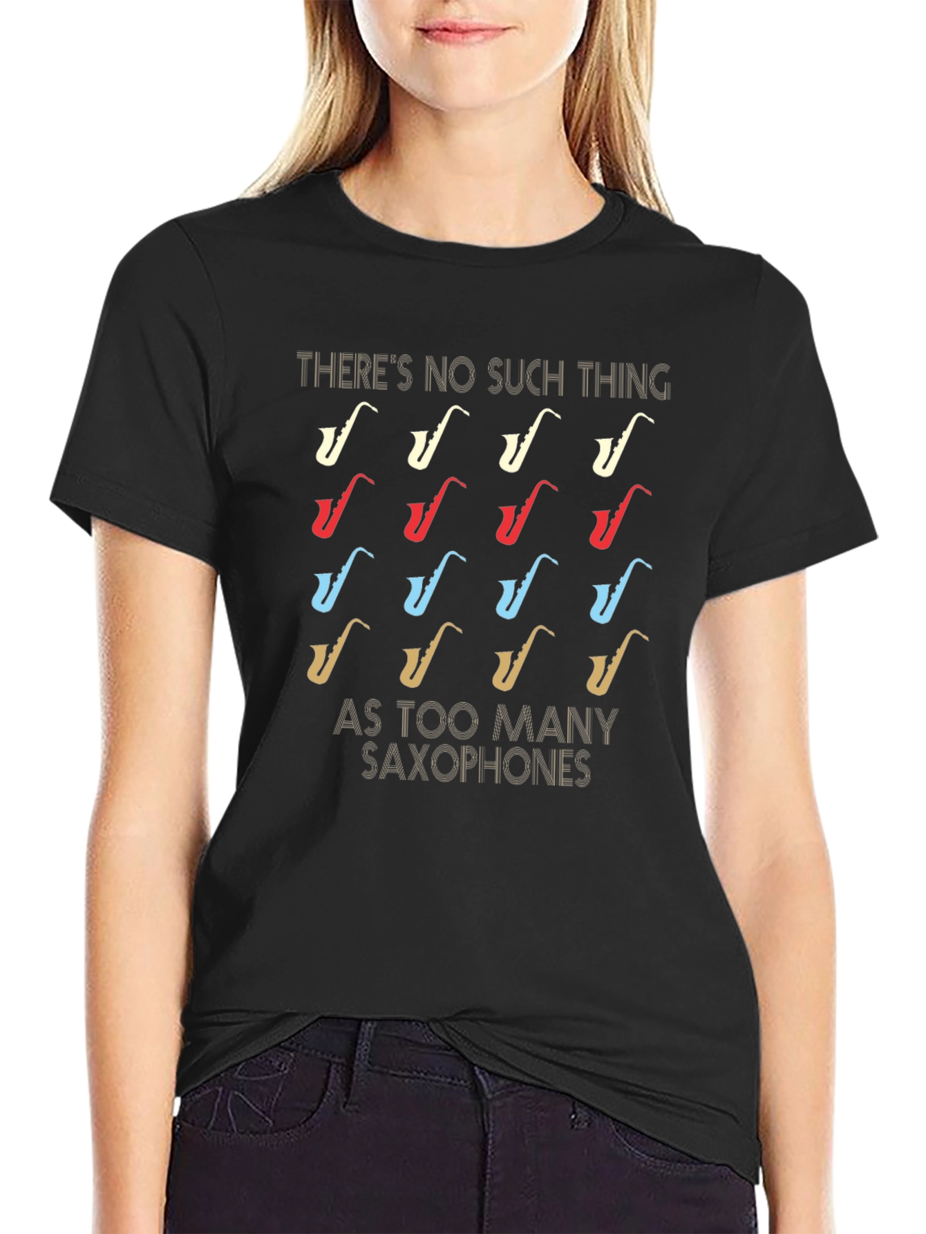 Black Saxophone Lover T-Shirt - Too Many Saxophones? Never! view 2