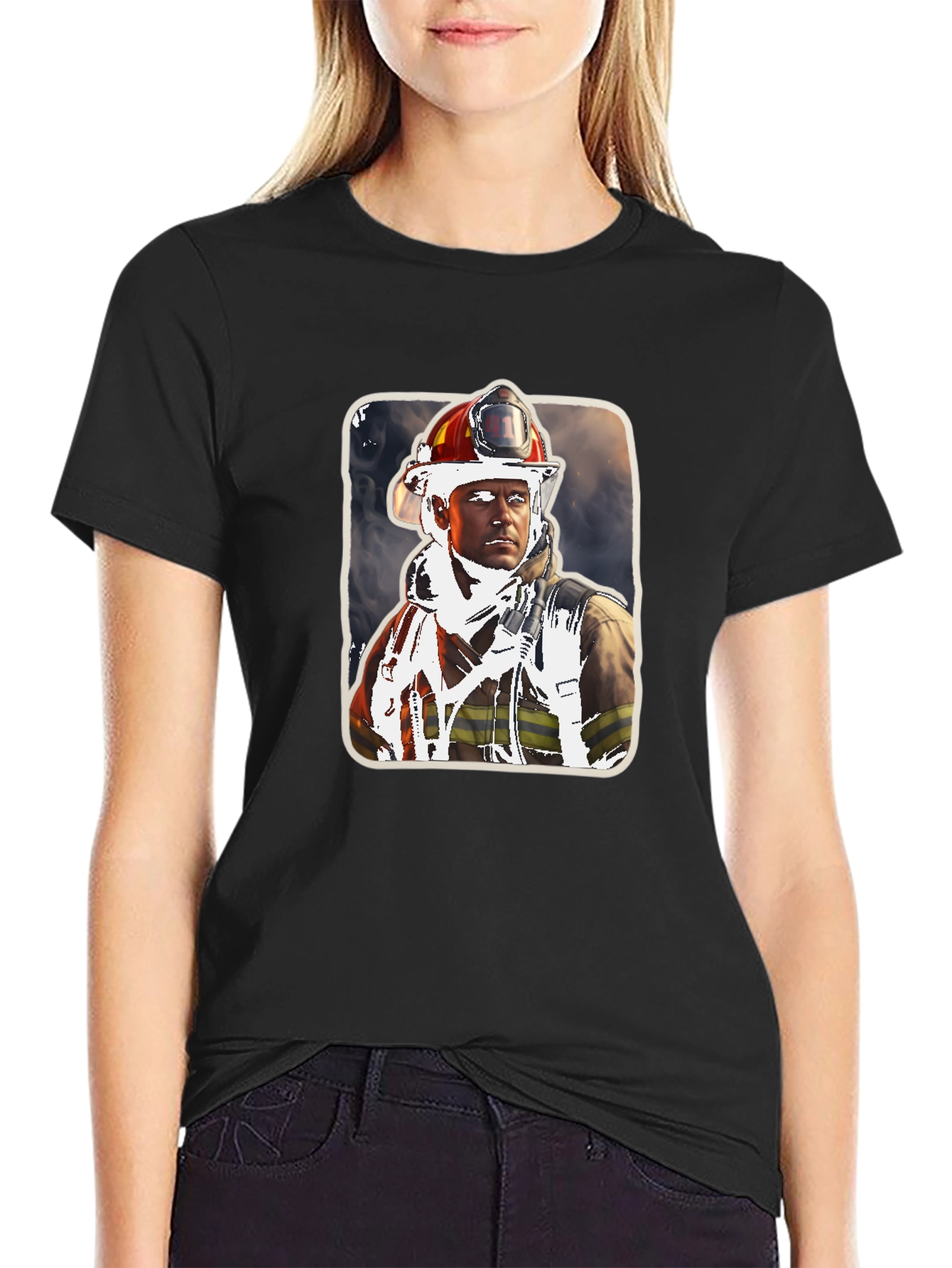 Black Firefighter Portrait Graphic Tee view 2