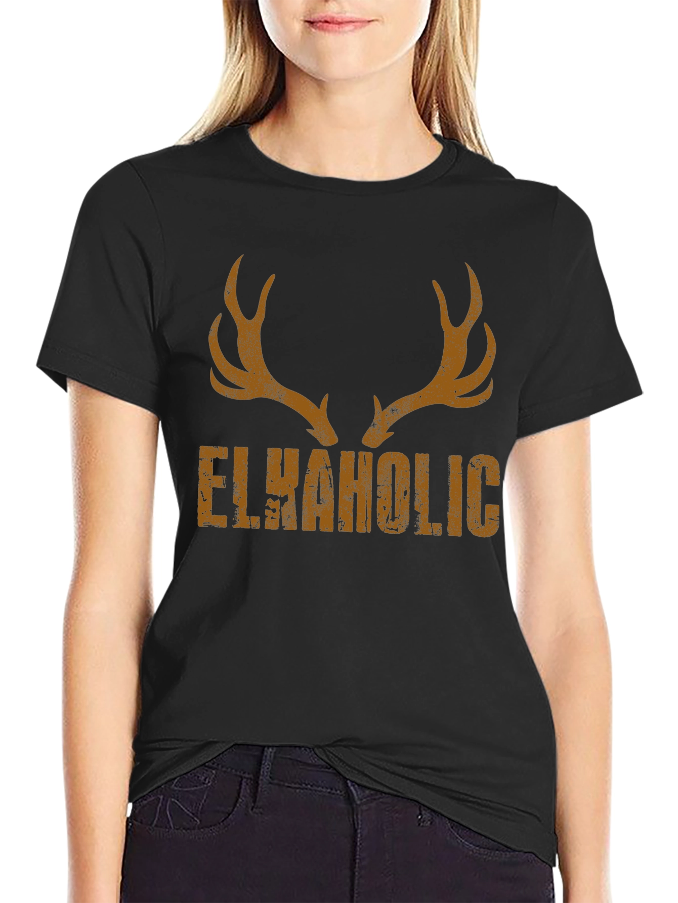 Black Elkaholic Funny Hunting T-Shirt view 2