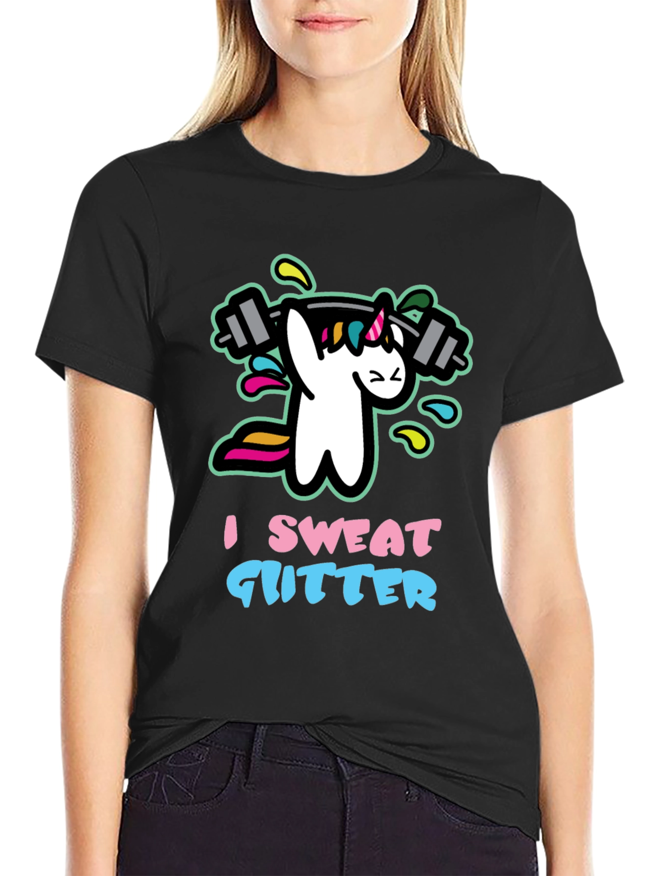 Black I Sweat Glitter Unicorn Gym Black T-Shirt view 2