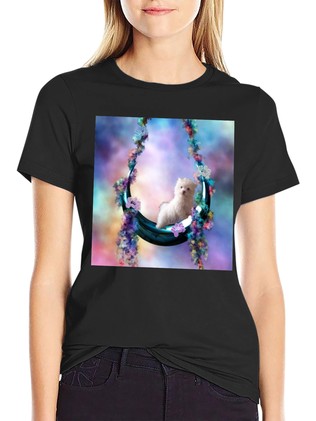 Black Cute Puppy in Floral Swing Black T-Shirt view 2