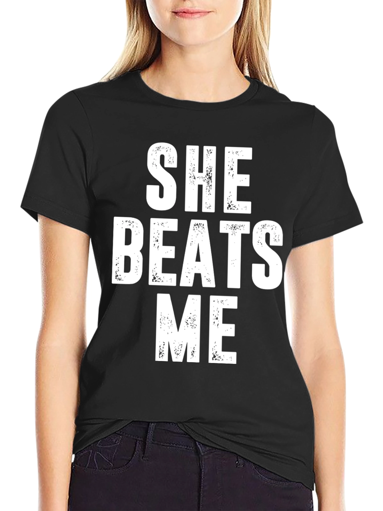 Black She Beats Me Funny T-Shirt view 2
