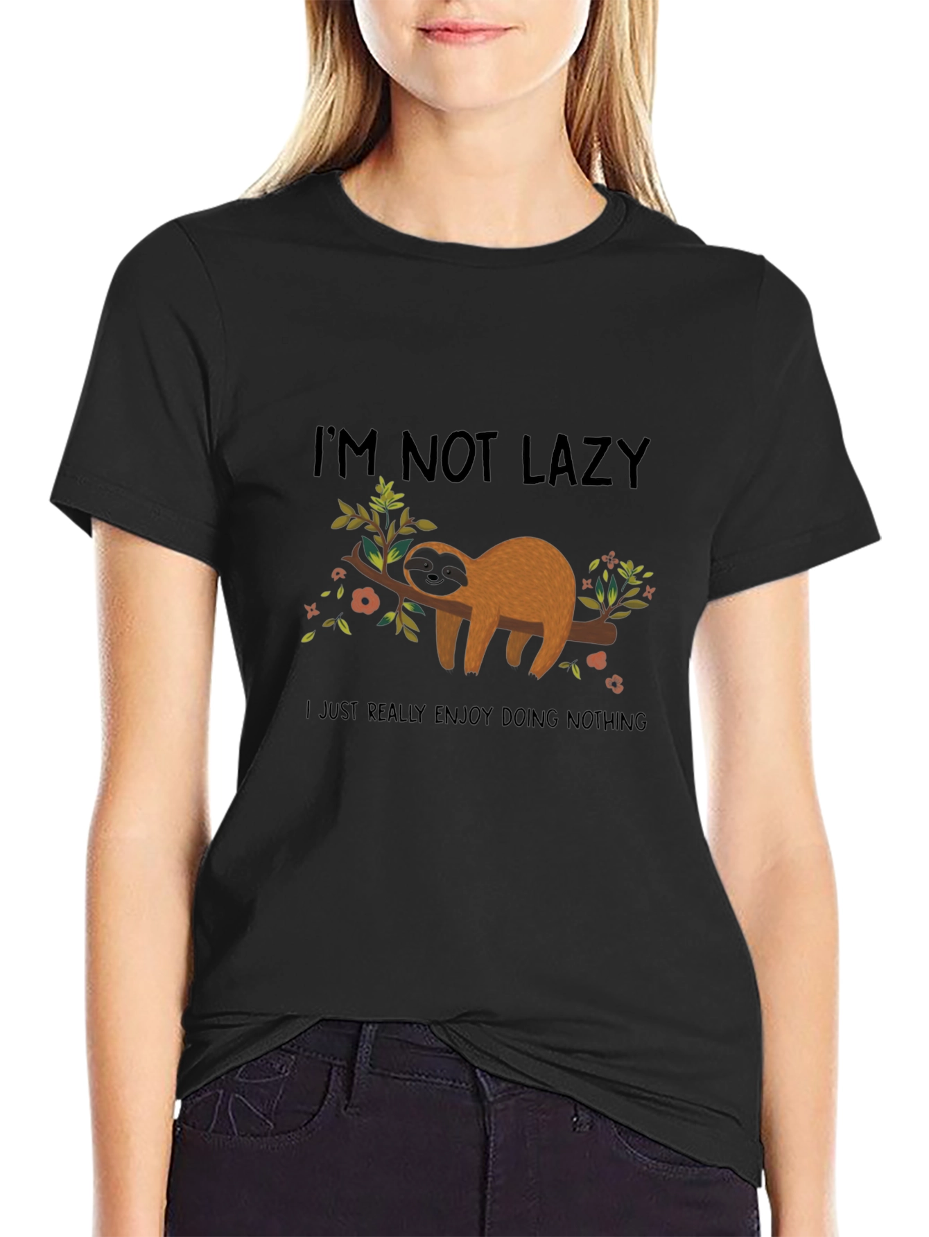Black Funny Sloth Graphic Tee - I'm Not Lazy, Black view 2