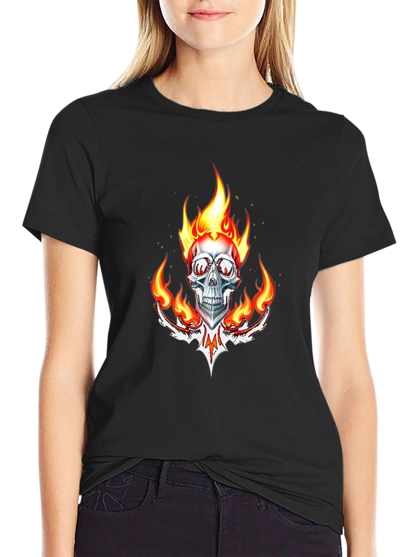 Black Flaming Skull Graphic Tee - Black Cotton view 2