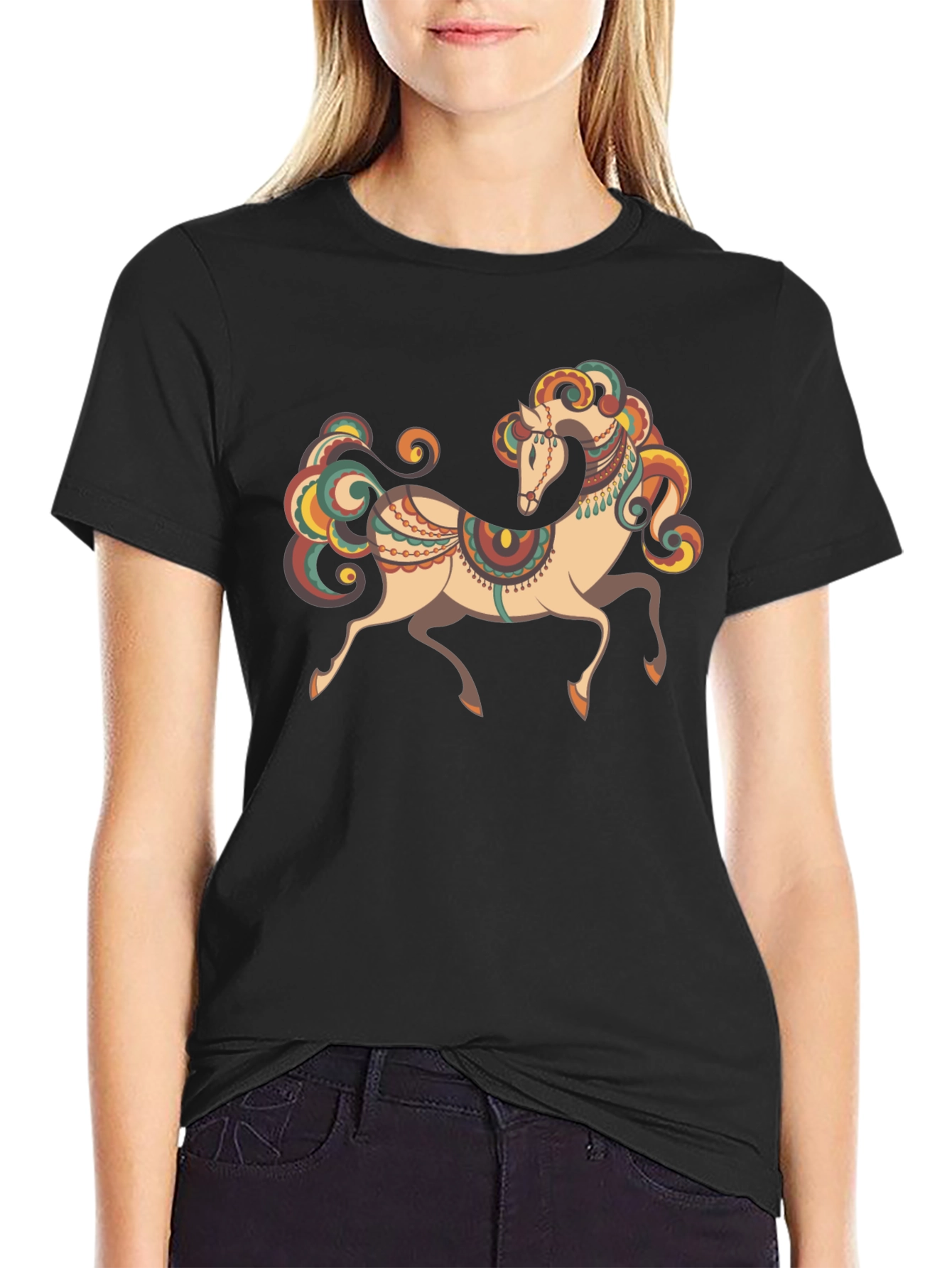 Black Men's Black T-Shirt with Horse Graphic view 2